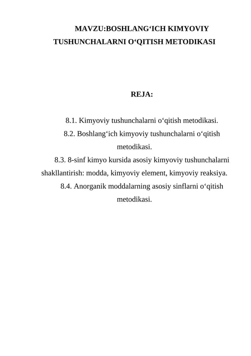 BOSHLANG‘ICH KIMYOVIY TUSHUNCHALARNI O‘QITISH METODIKASI