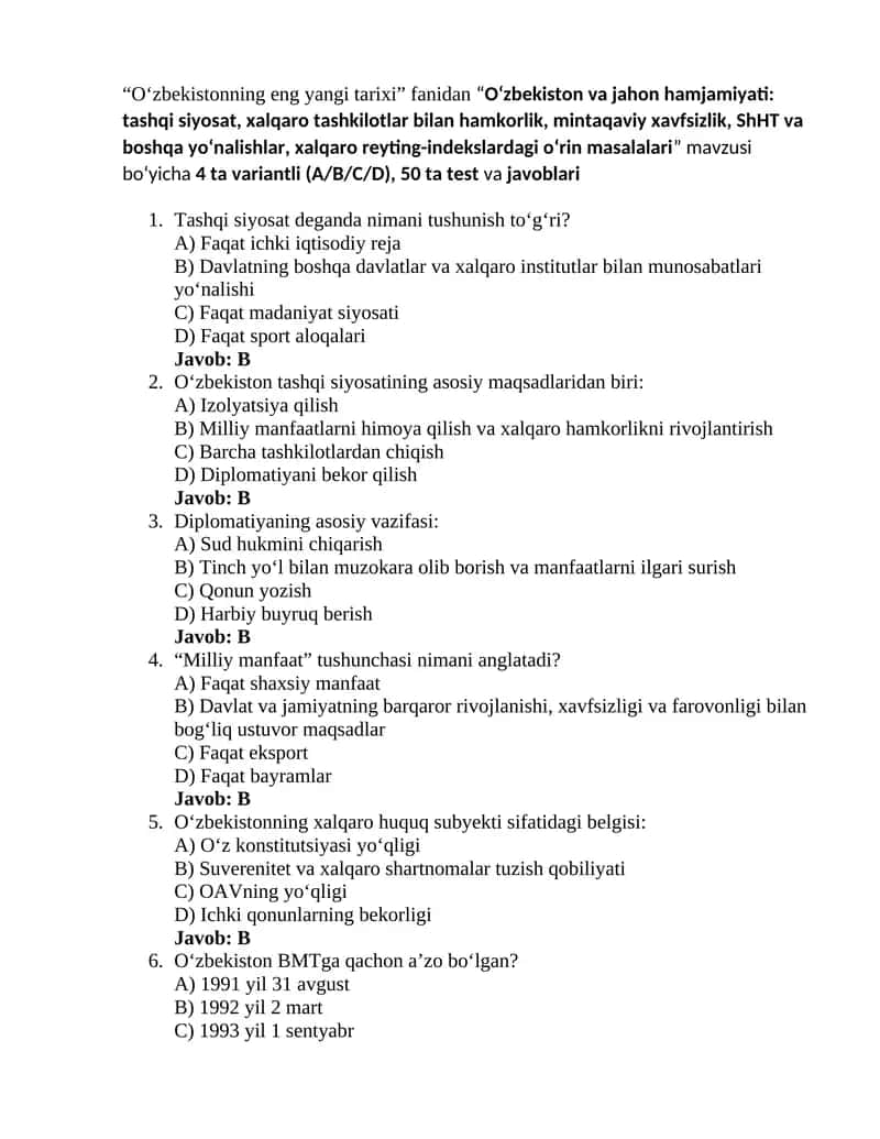 Oʻzbekistonning eng yangi tarixi 9-test
