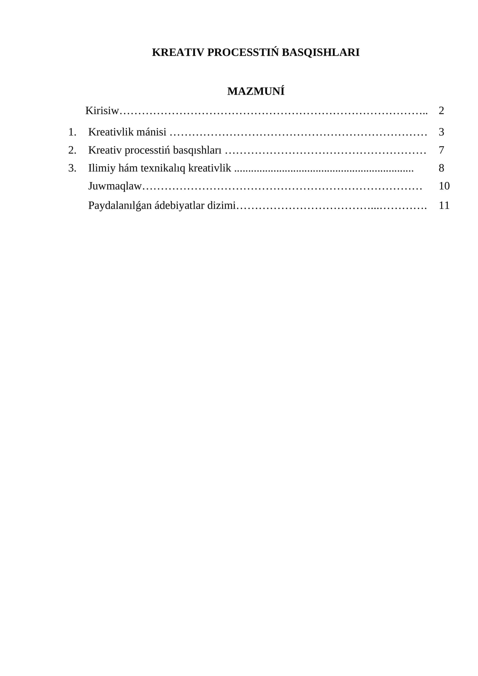 KREATIV PROCESSTIŃ BASQISHLARI