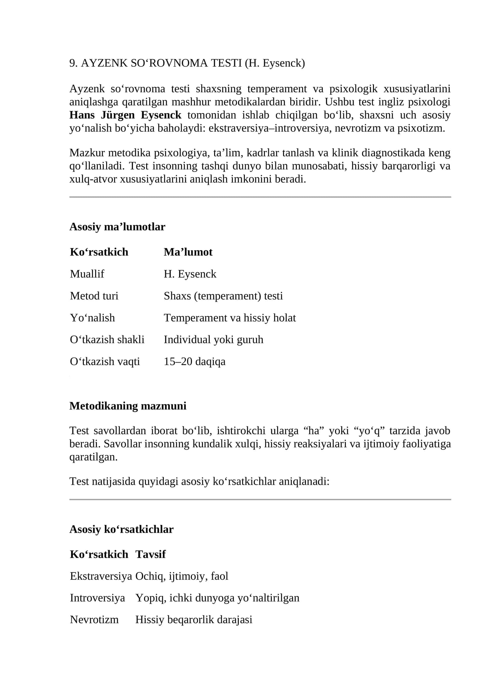 AYZENK SO‘ROVNOMA TESTI (H. Eysenck)