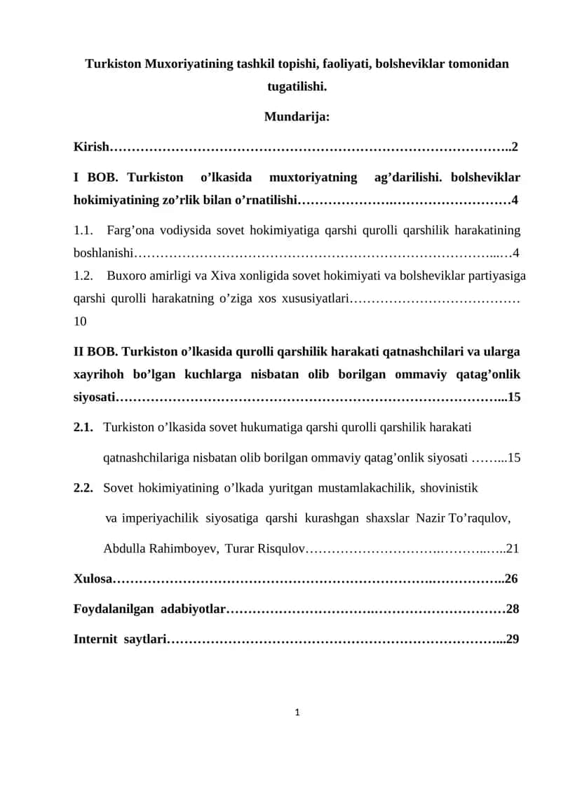 Turkiston Muxoriyatining tashkil topishi, faoliyati, bolsheviklar tomonidan tugatilishi