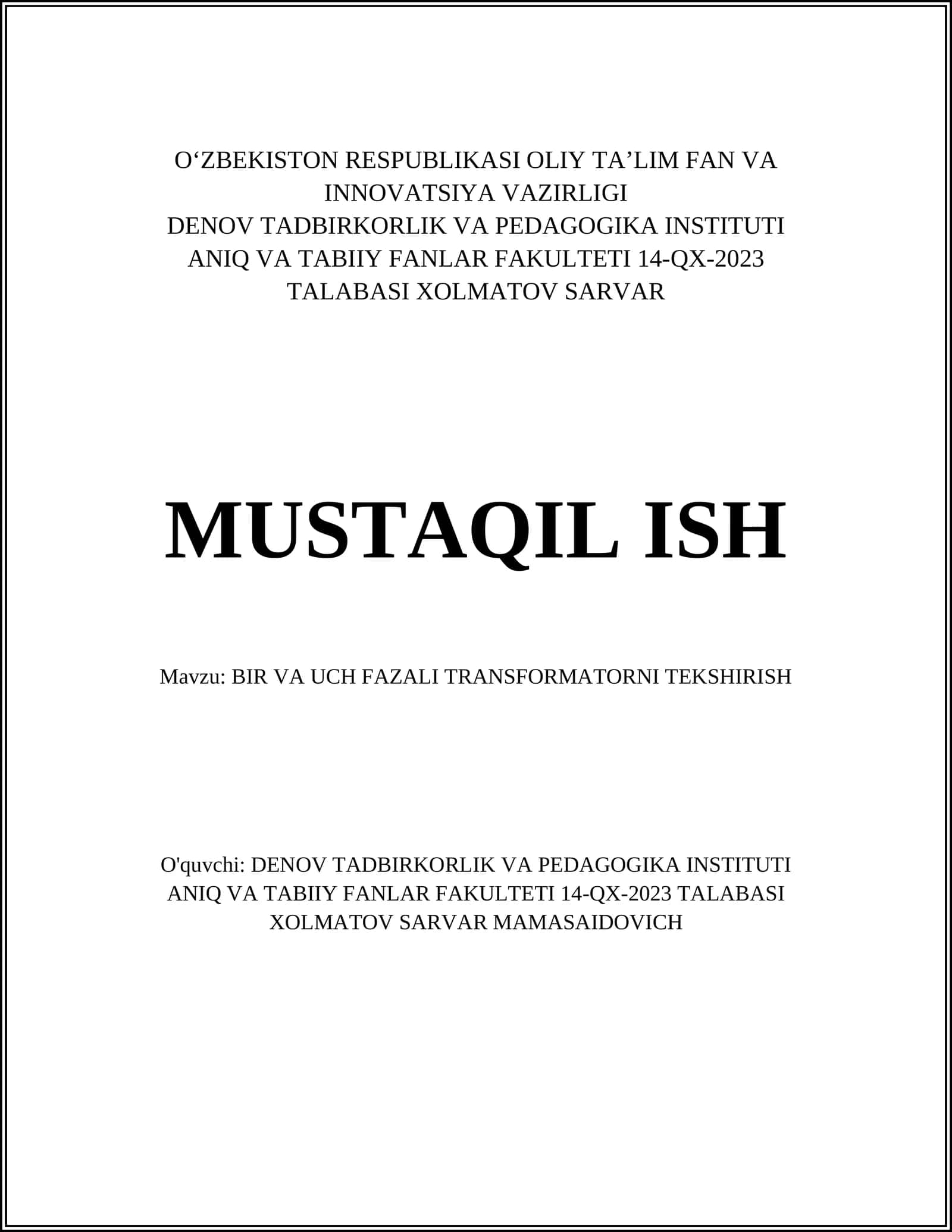 BIR VA UCH FAZALI TRANSFORMATORNI TEKSHIRISH