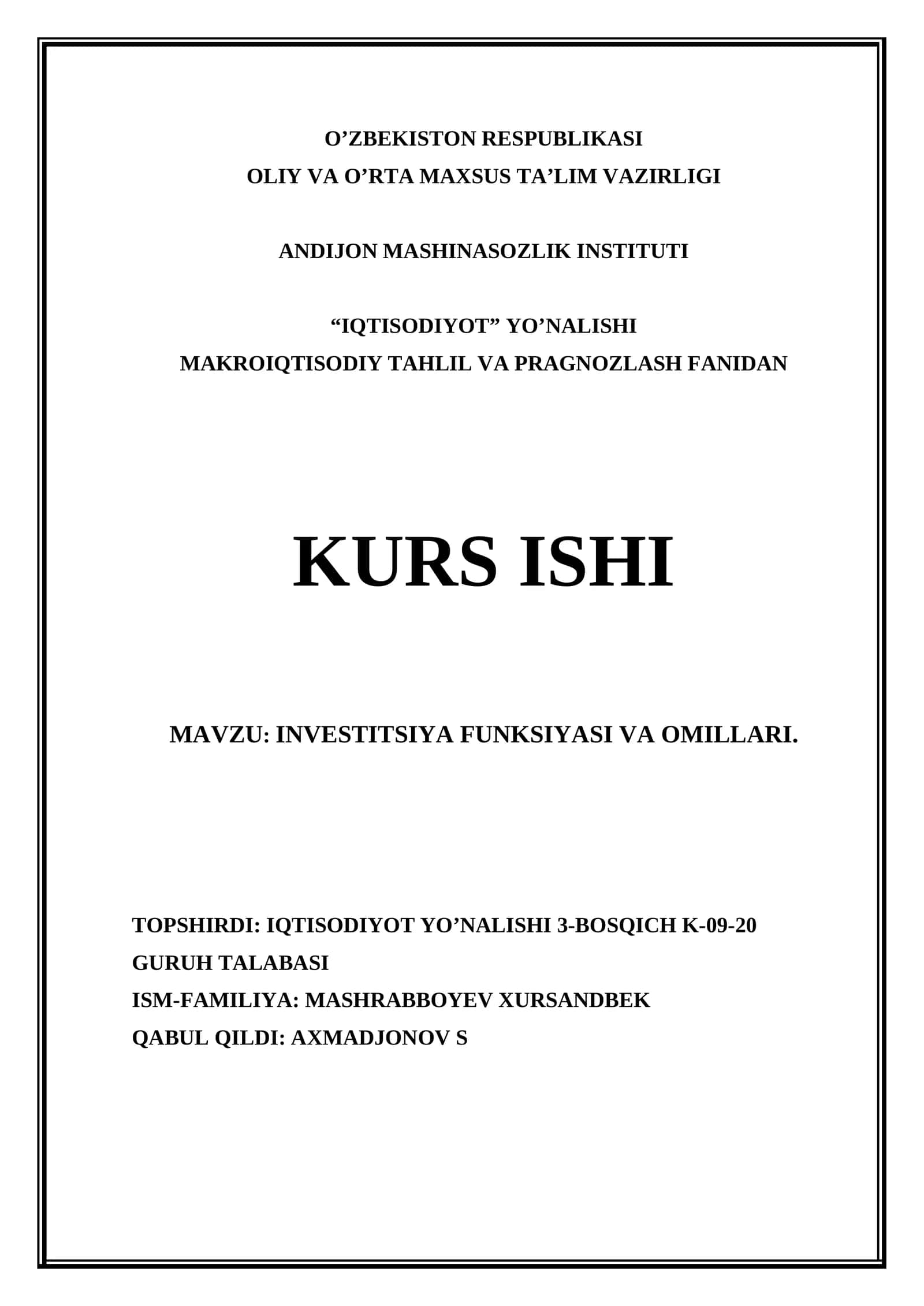 INVESTITSIYA FUNKSIYASI VA OMILLARI