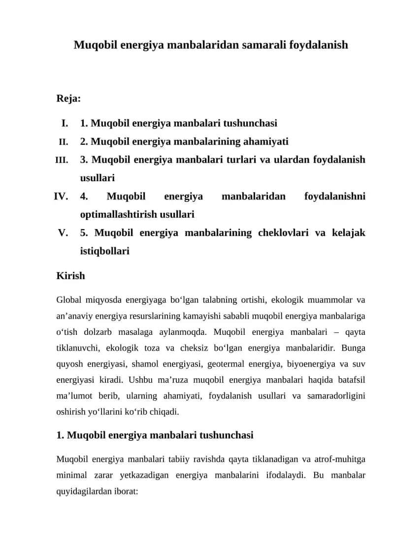 Muqobil energiya manbalaridan samarali foydalanish