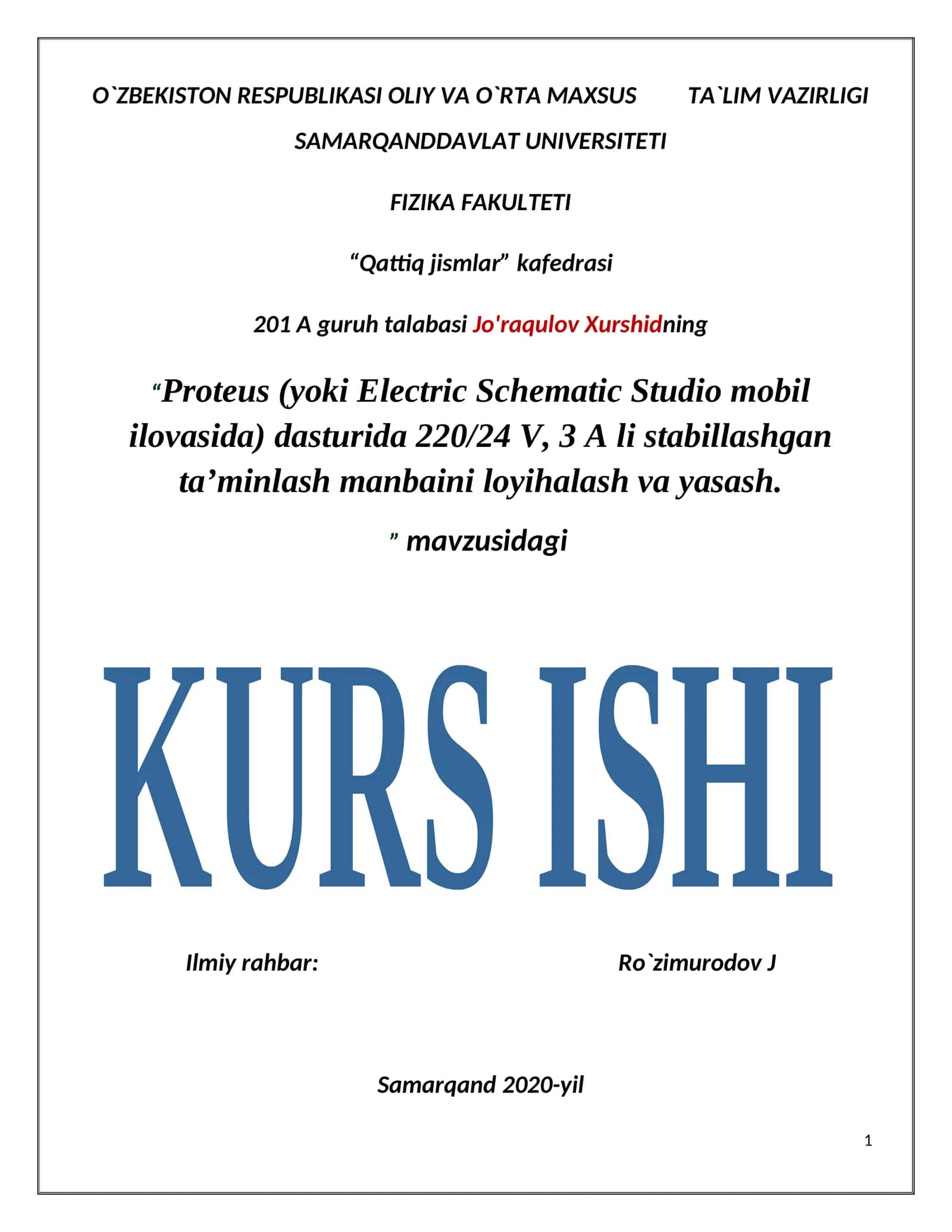 Proteus (yoki Electric Schematic Studio mobil ilovasida) dasturida 220/24 V, 3 A li stabillashgan ta’minlash manbaini loyihalash va yasash