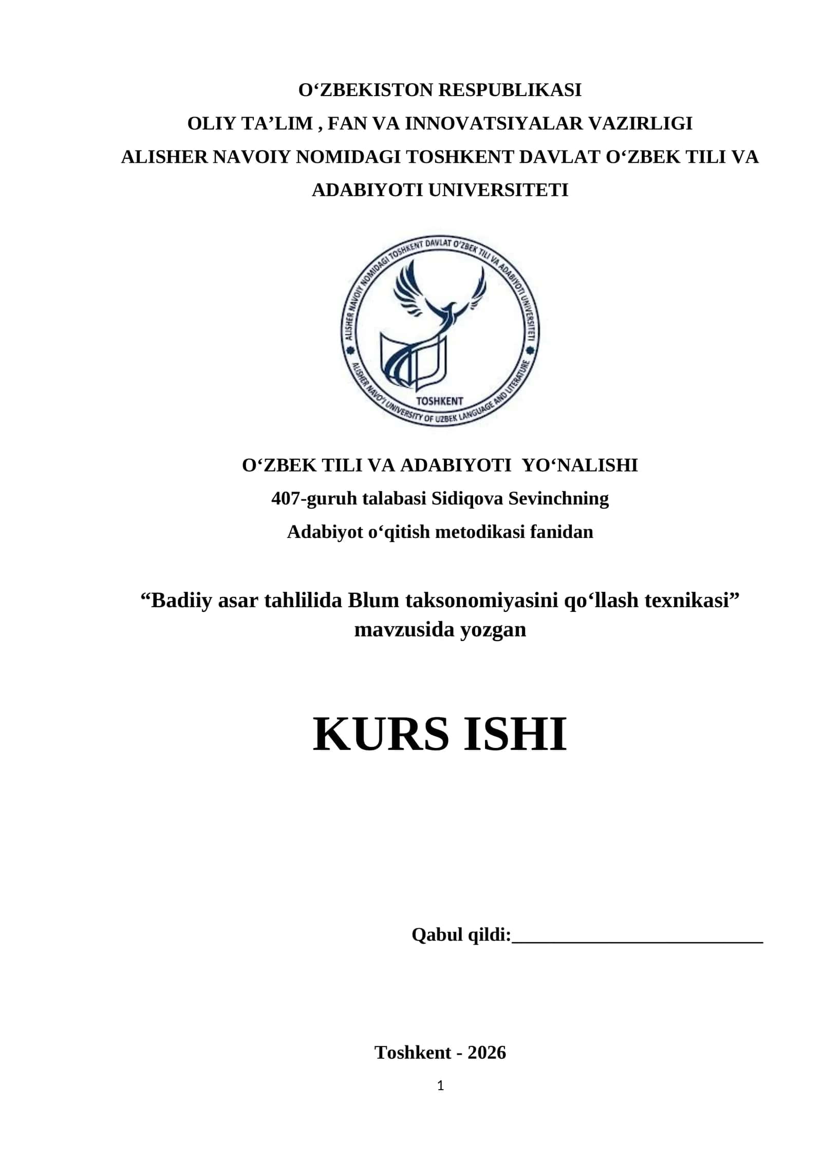 Badiiy asar tahlilida Blum taksonomiyasini qo‘llash texnikasi