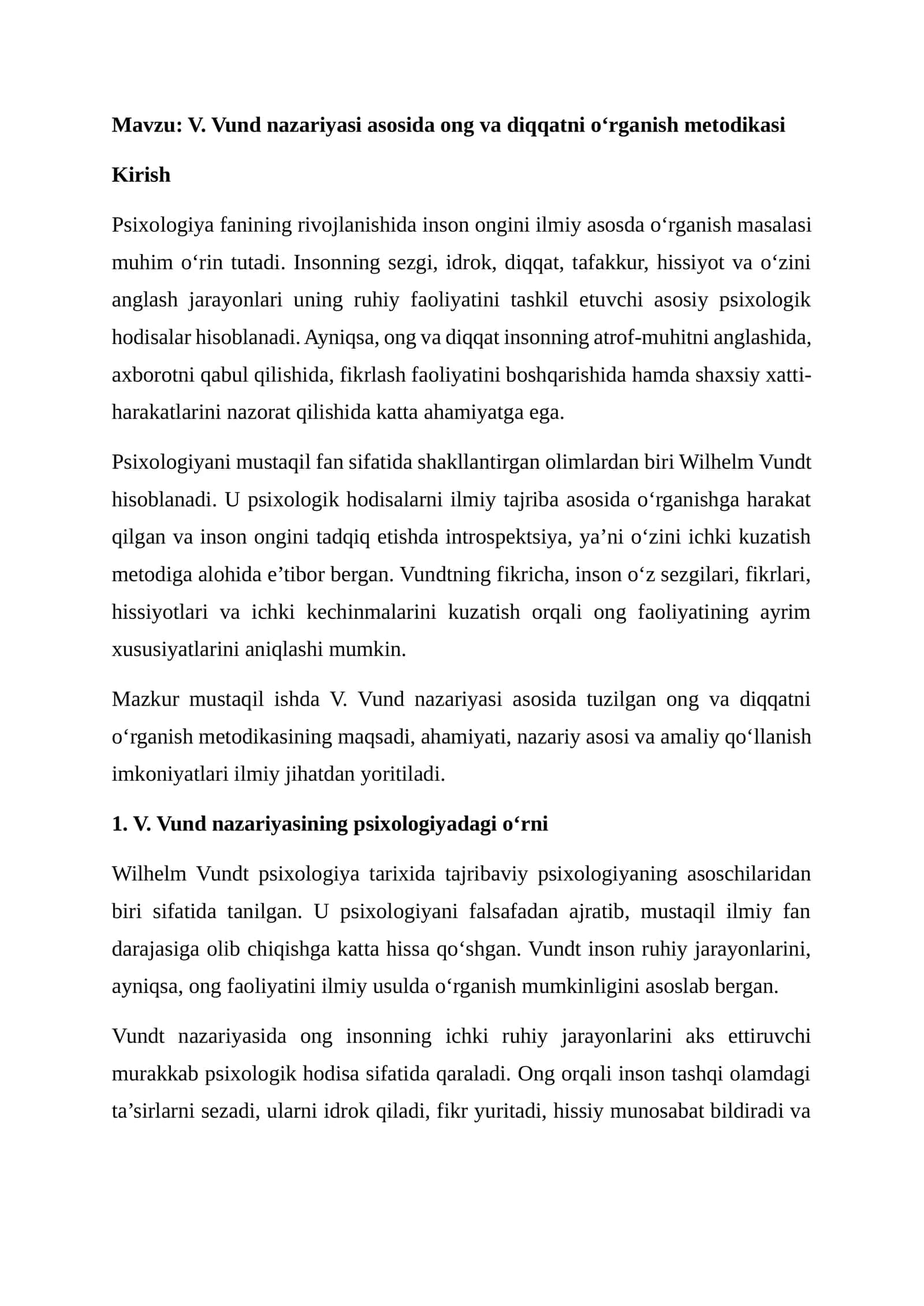 V. Vund nazariyasi asosida ong va diqqatni o‘rganish metodikasi