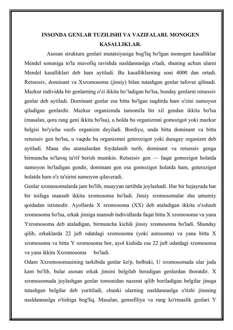 INSONDA GENLAR TUZILISHI VA VAZIFALARI. MONOGEN KASALLIKLAR