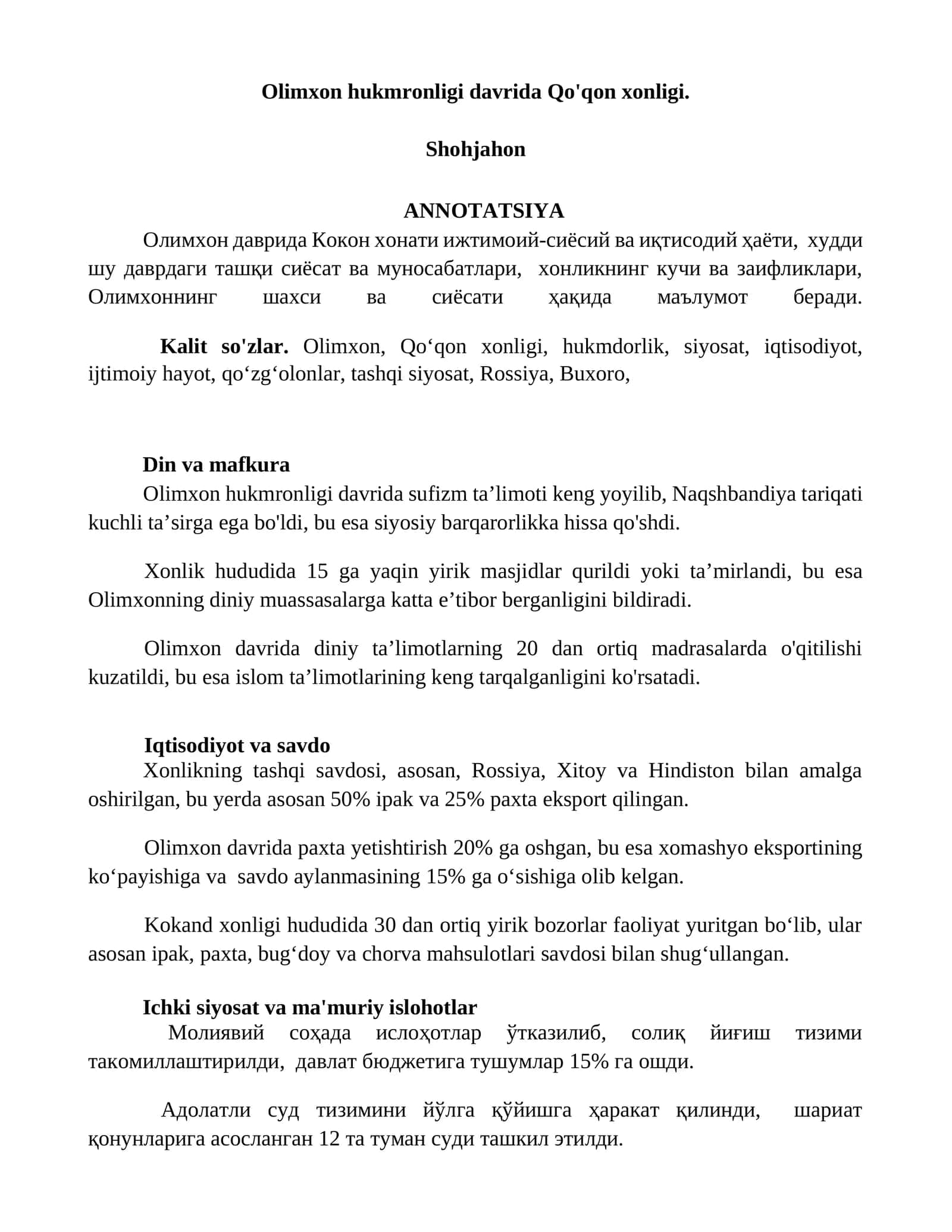 Olimxon hukmronligi davrida Qo'qon xonligi