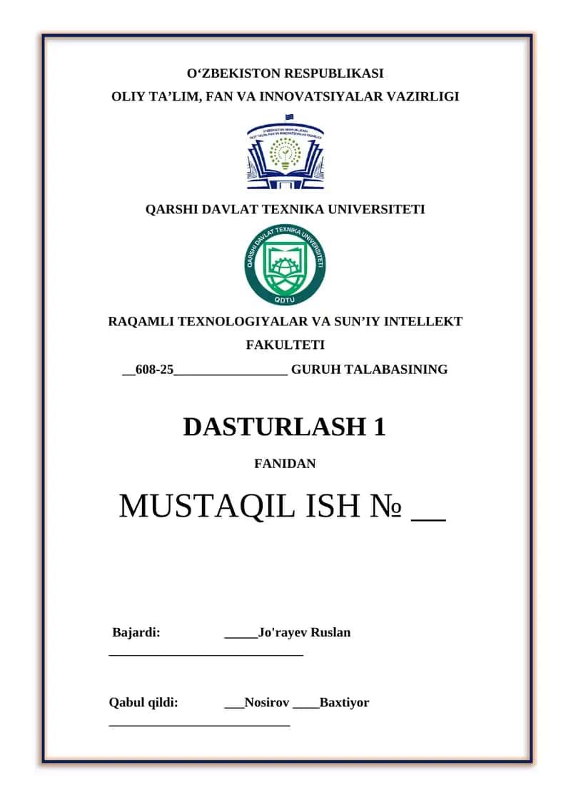 mustaqil ish c++ tilida