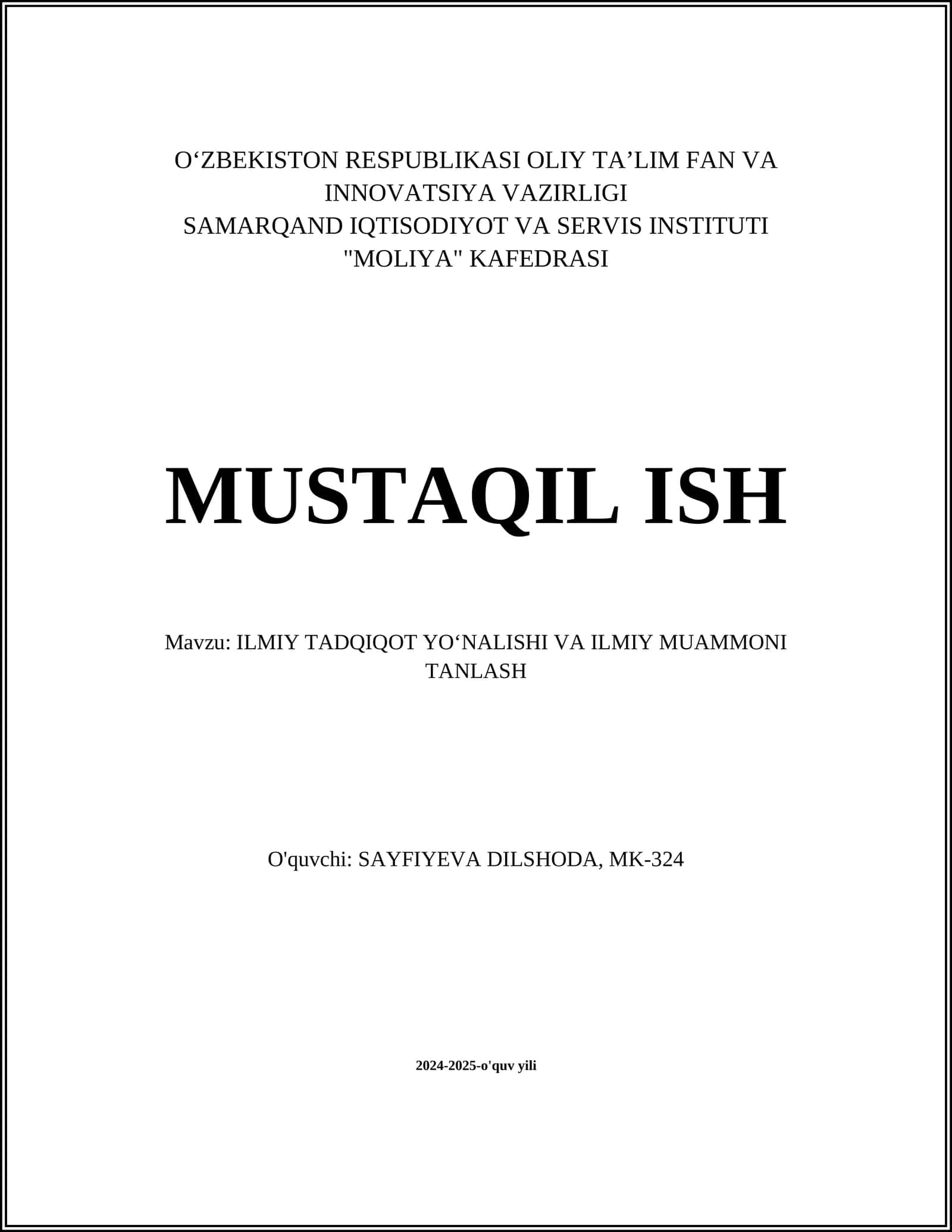 ILMIY TADQIQOT YO‘NALISHI VA ILMIY MUAMMONI TANLASH