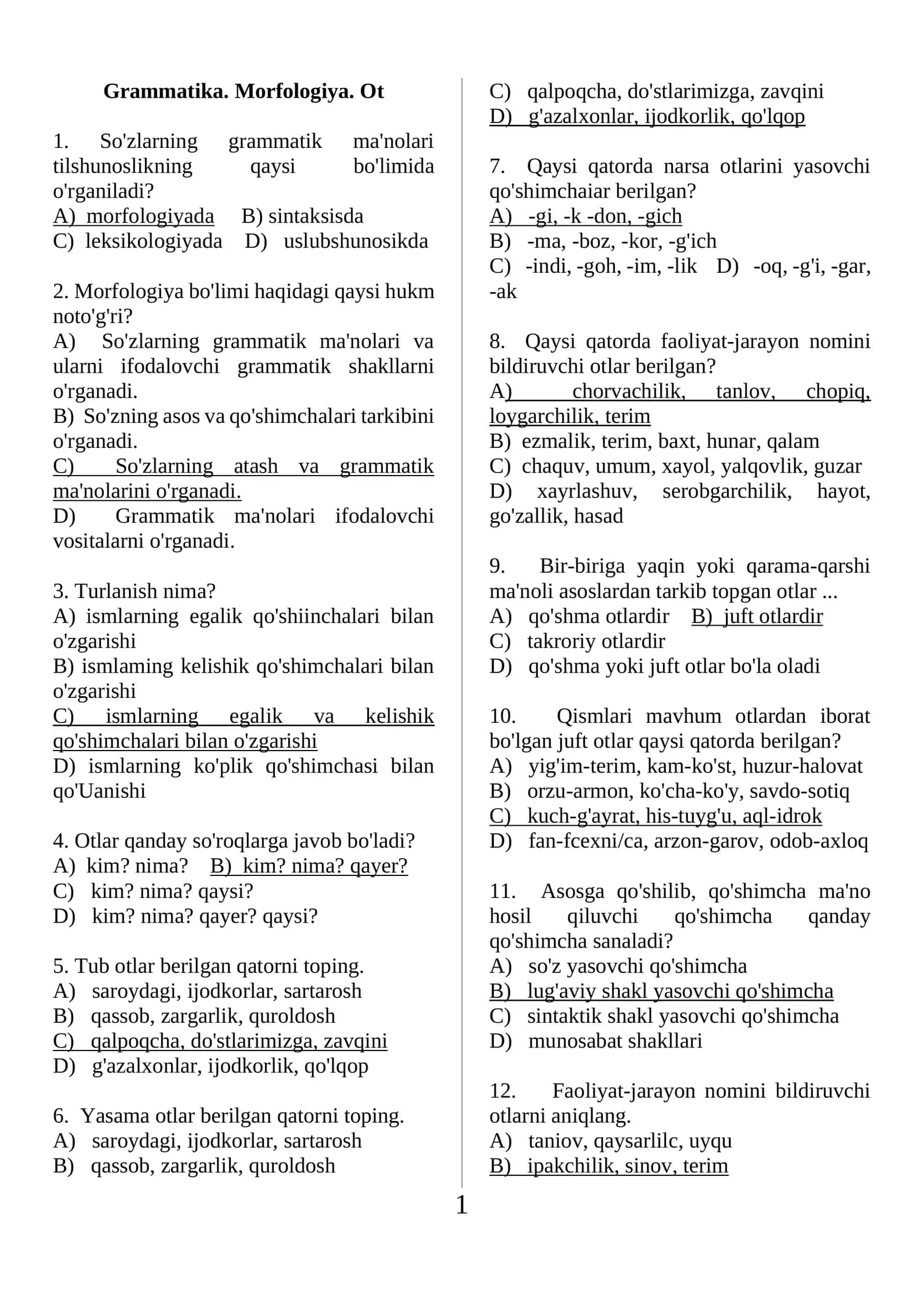 Ot, sifat, son testlar.