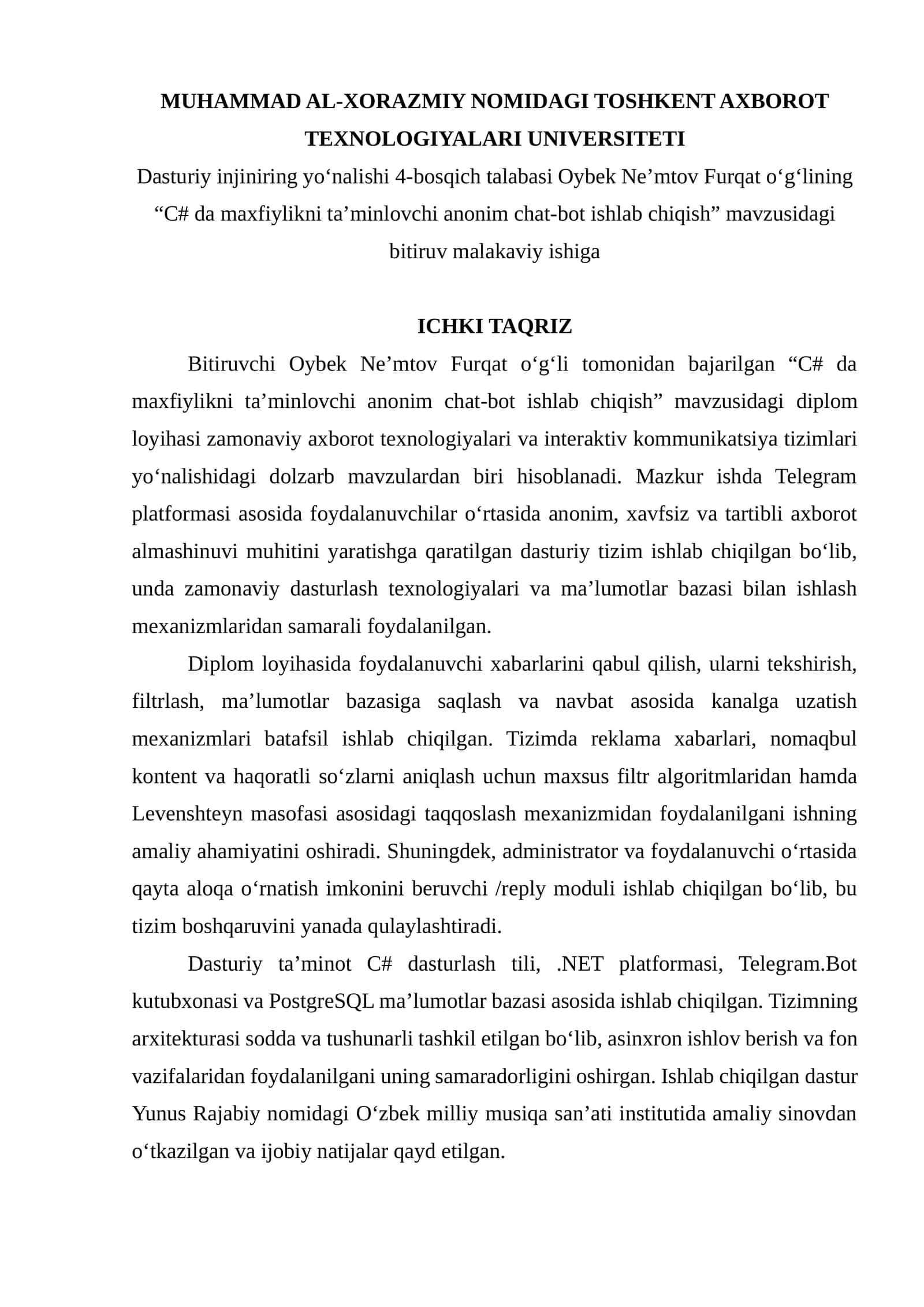 C# da maxfiylikni ta'minlovchi anonim chat-bot ishlab chiqish