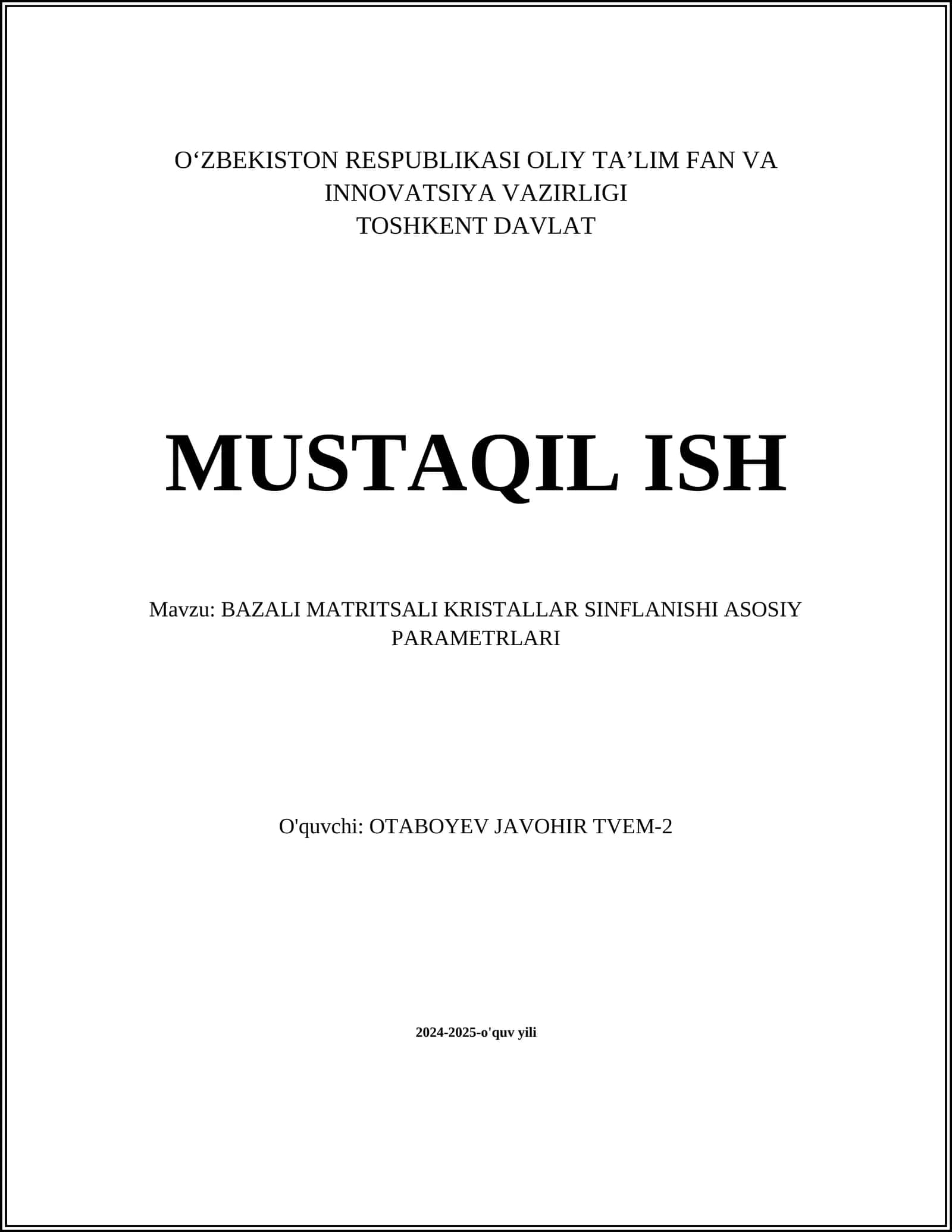 BAZALI MATRITSALI KRISTALLAR SINFLANISHI ASOSIY PARAMETRLARI