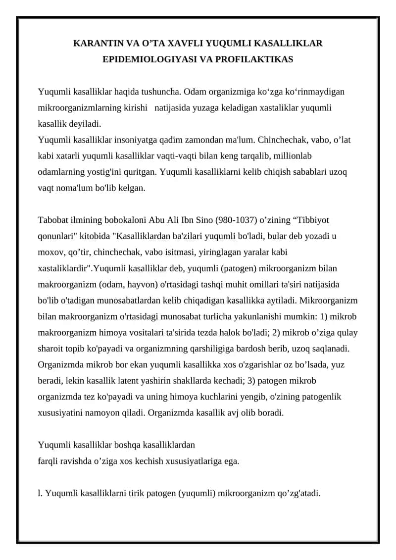 Yuqumli kasalliklar epidemiyologiyasi va profilaktikasi