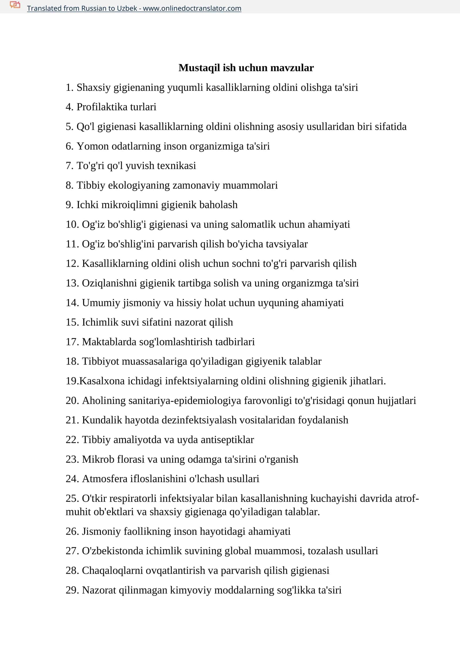 Mustaqil ish uchun mavzular