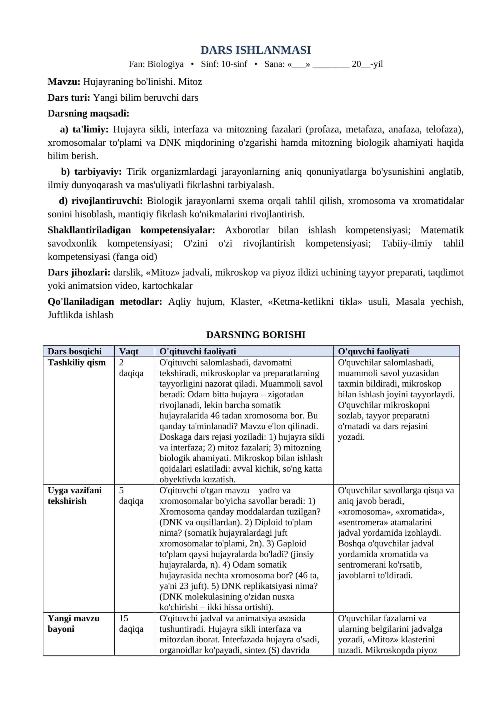 10 sinf Biologiya dars ishlanma Hujayraning bolinishi Mitoz