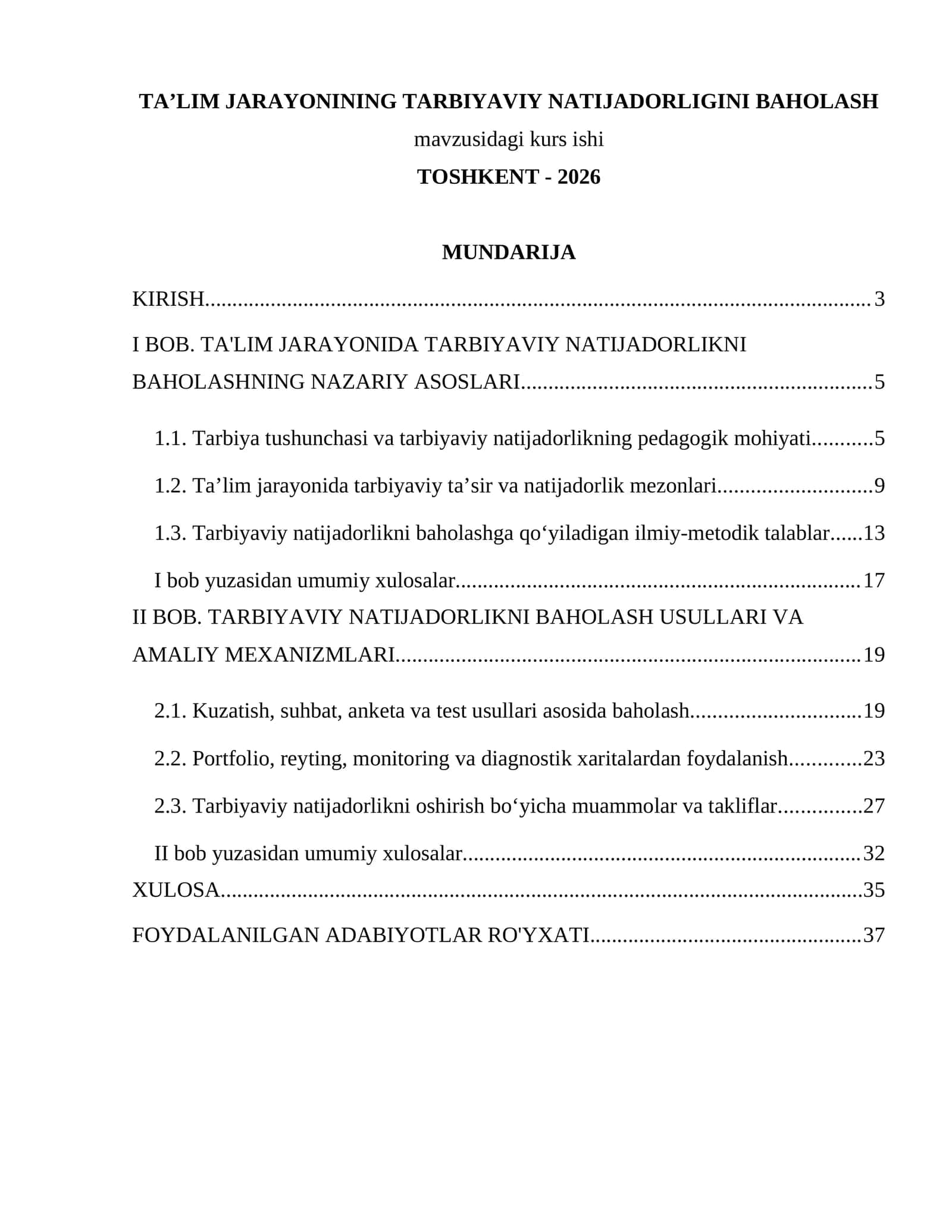 TA’LIM JARAYONINING TARBIYAVIY NATIJADORLIGINI BAHOLASH