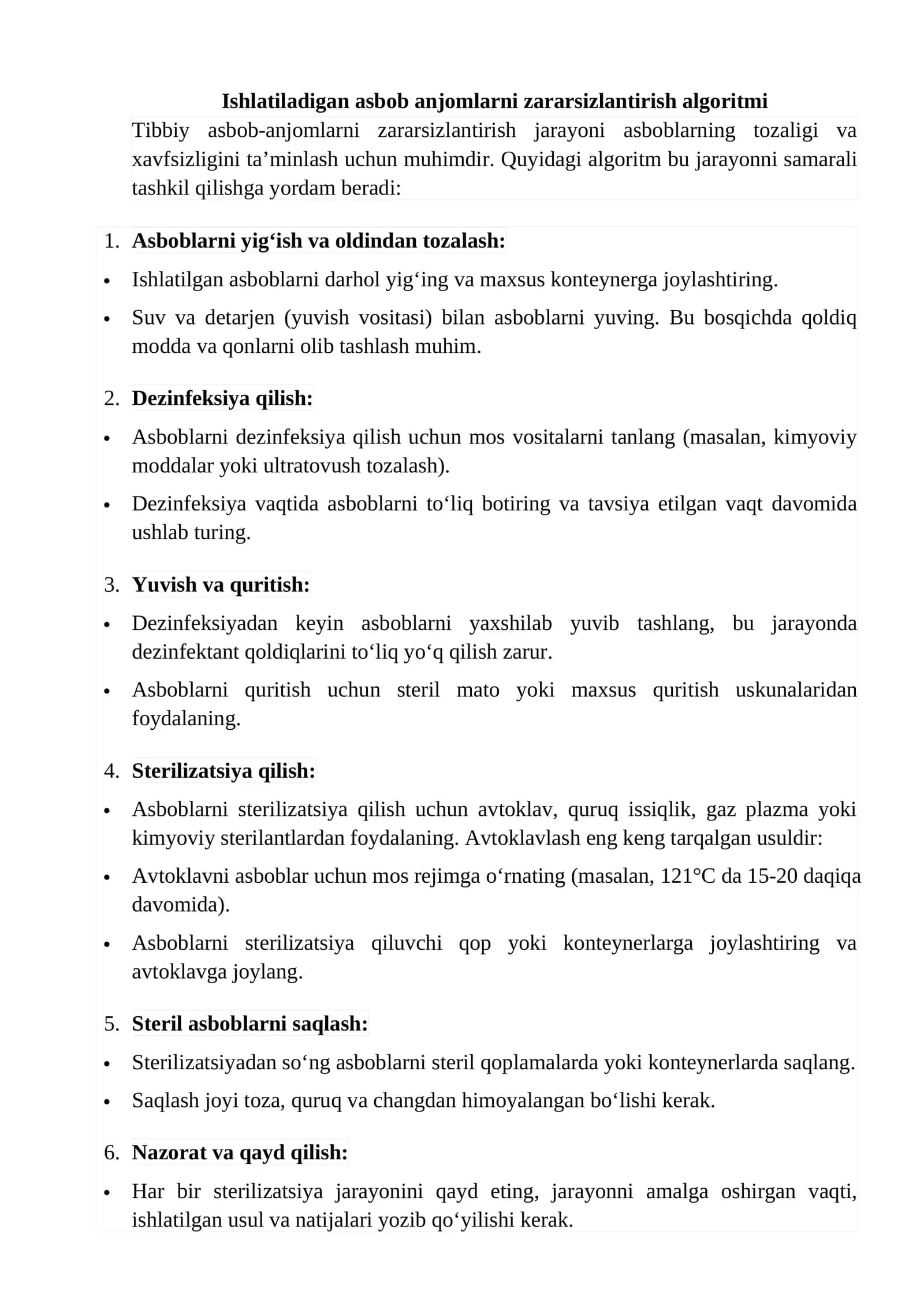 Tibbiy asbob-anjomlarni zararsizlantirish algoritmi