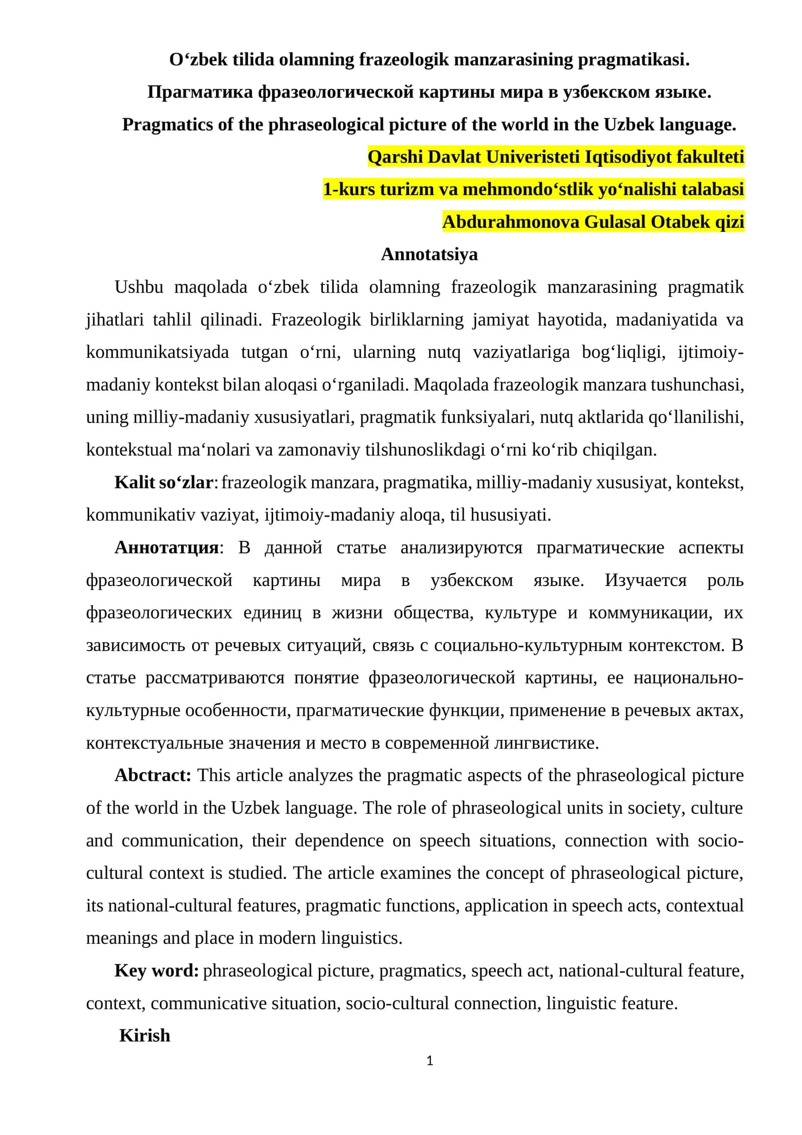 O‘zbek tilida olamning frazeologik manzarasining pragmatikasi