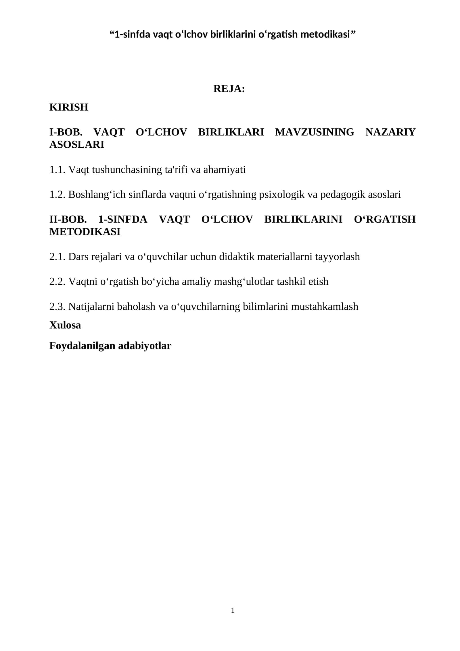 1-sinfda vaqt o‘lchov birliklarini o‘rgatish metodikasi
