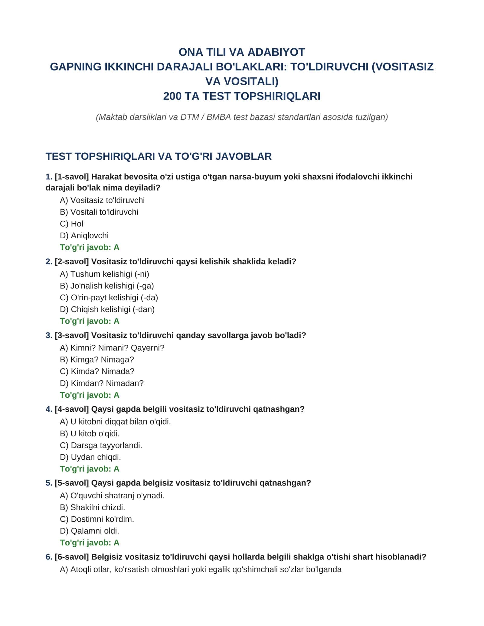 GAPNING IKKINCHI DARAJALI BO'LAKLARI: TO'LDIRUVCHI (VOSITASIZ VA VOSITALI) 200 TA TEST TOPSHIRIQLARI JAVOBLARI BILAN