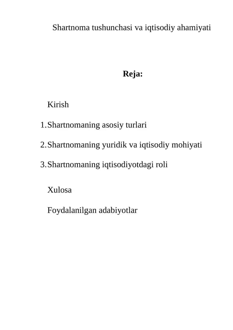 Shartnoma tushunchasi va iqtisodiy ahamiyati
