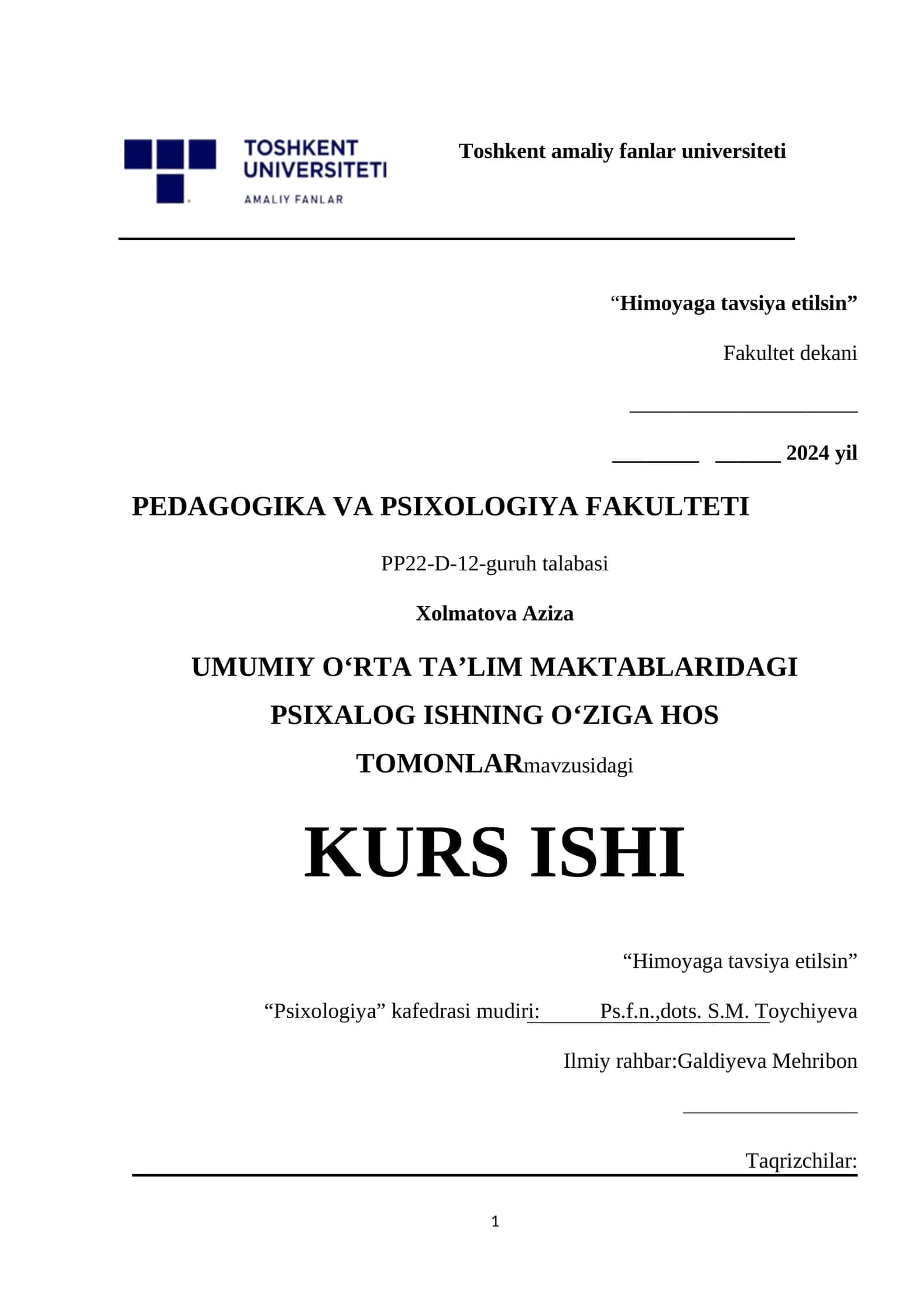 KURS ISHI "Himoyaga tavsiya etilsin"