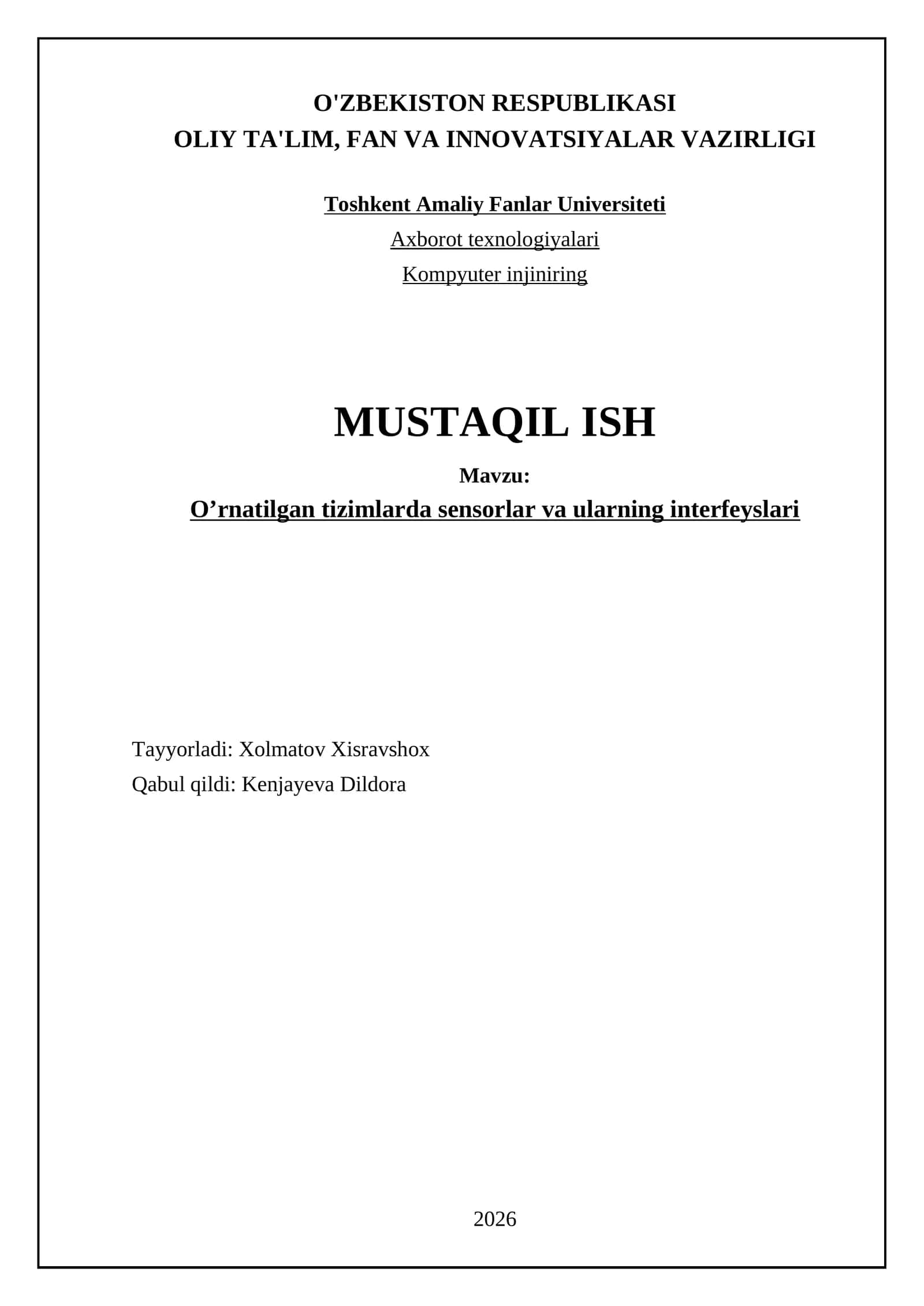 O’rnatilgan tizimlarda sensorlar va ularning interfeyslari