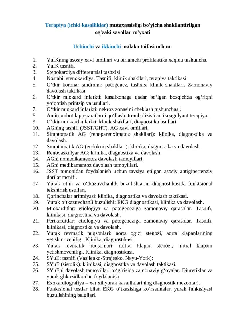Terapiya (ichki kasalliklar) mutaxassisligi bo'yicha shakllantirilgan og'zaki savollar ro'yxati