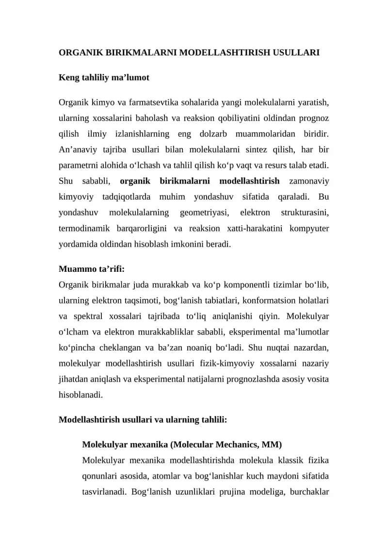 Organik Birikmalar Modellashtirish Usullari