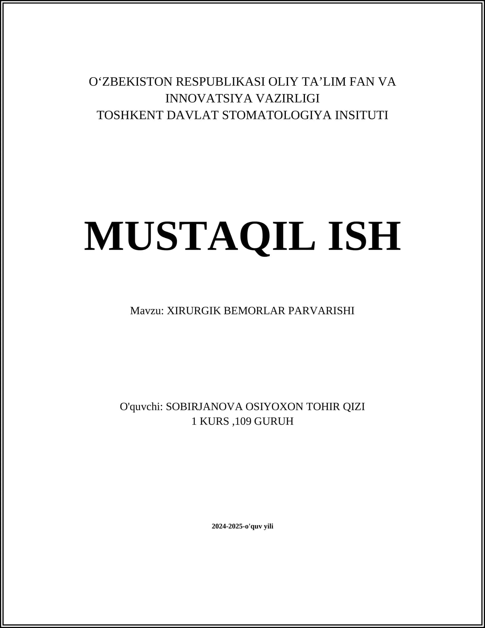 XIRURGIK BEMORLAR PARVARISHI