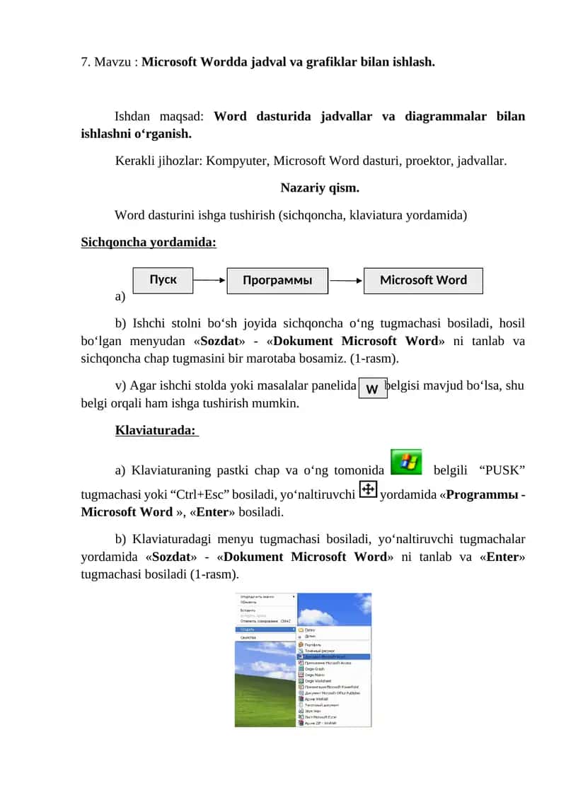Microsoft Wordda jadval va grafiklar bilan ishlash