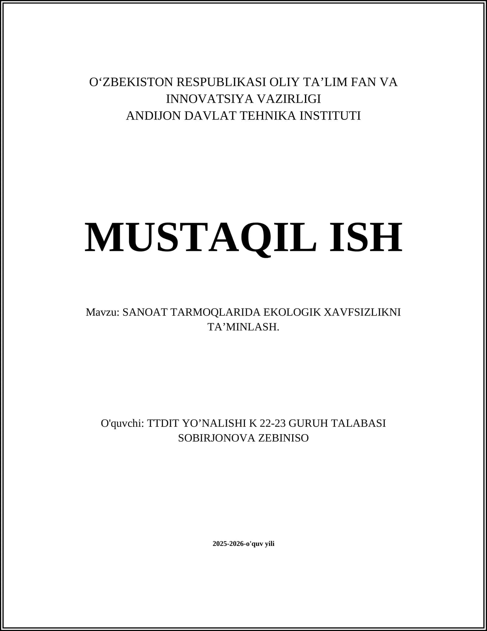Sanoat tarmoqlarida ekologik xavfsizlikni ta’minlash