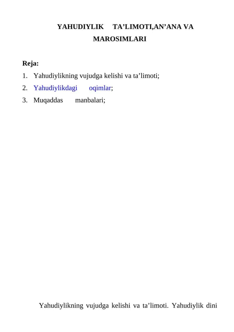 YAHUDIYLIK TA’LIMOTI,AN’ANA VA MAROSIMLARI