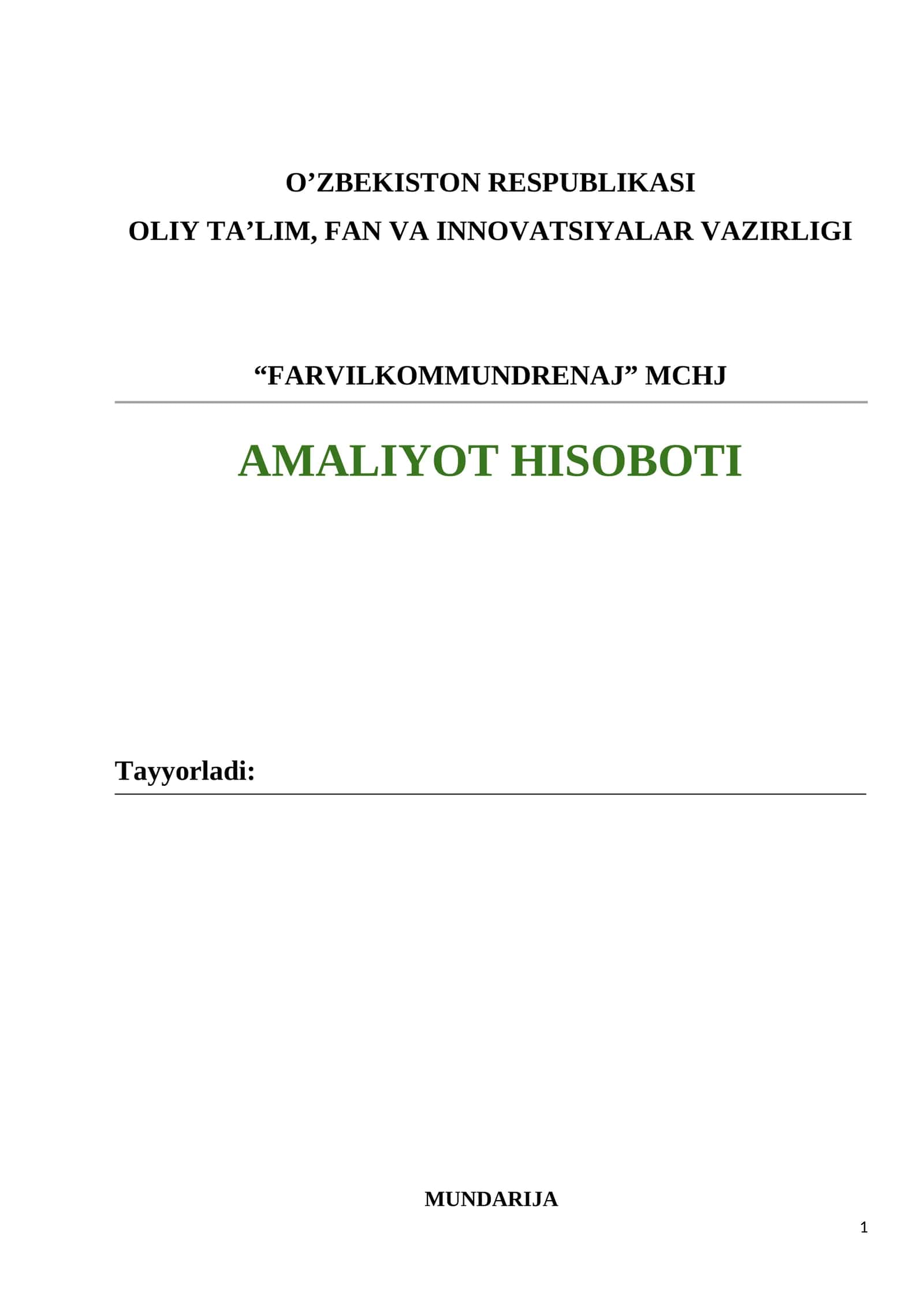 Amaliyot Hisoboti "FARVILKOMMUNDRENAJ" MCHJ