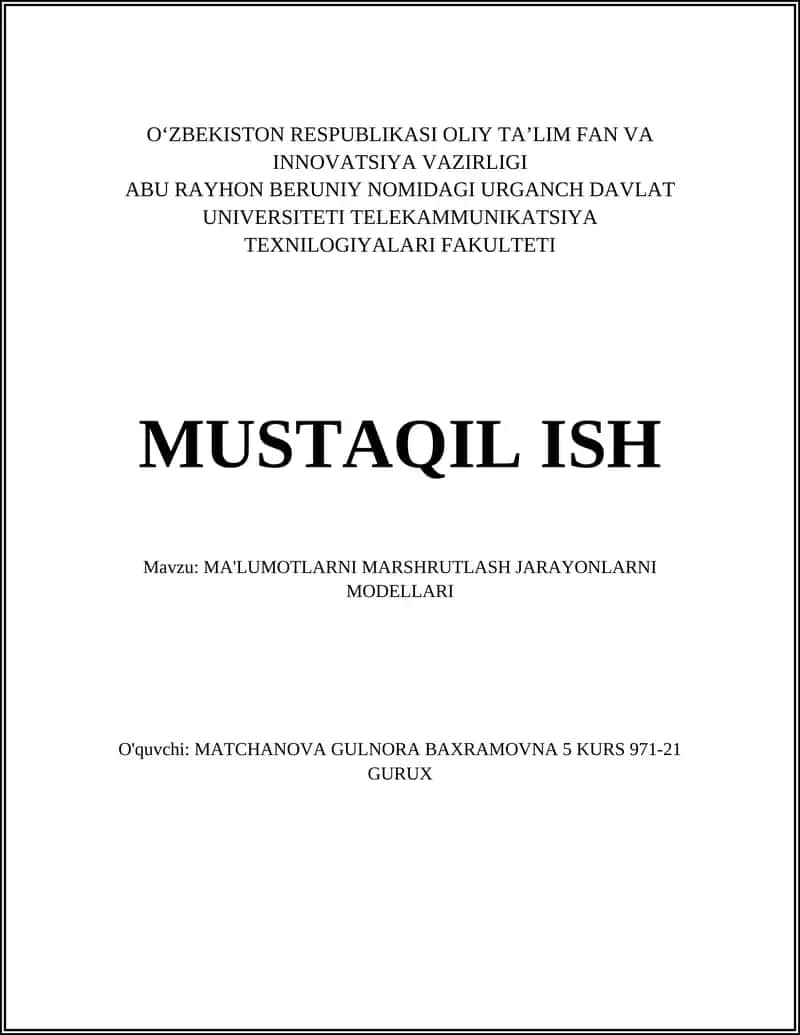 Marshrutlarni Modellash Jarayonlarni Modellari