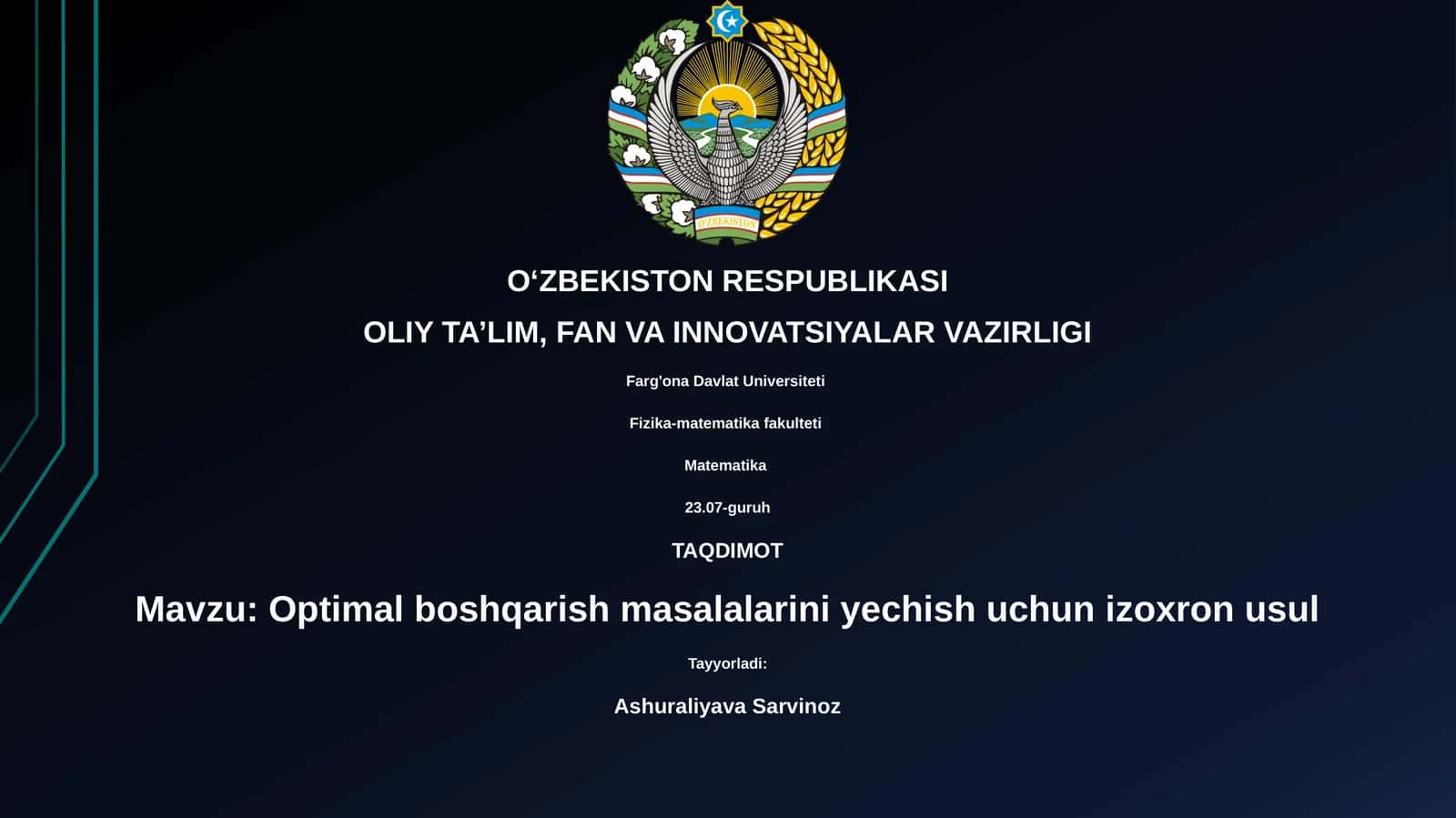 Optimal boshqarish masalalarini yechish uchun izoxron usuli