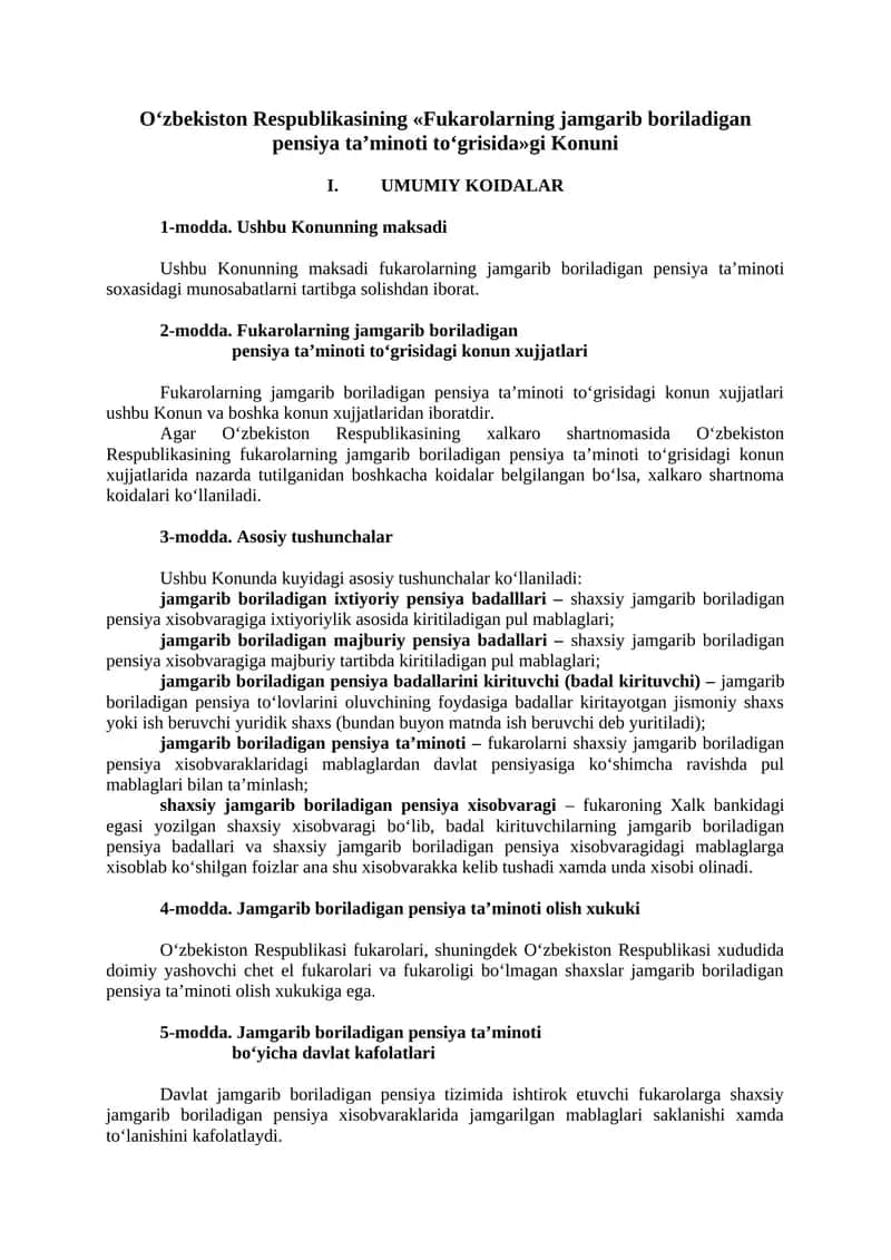 Fukarolarning jamgarib boriladigan pensiya ta’minoti
