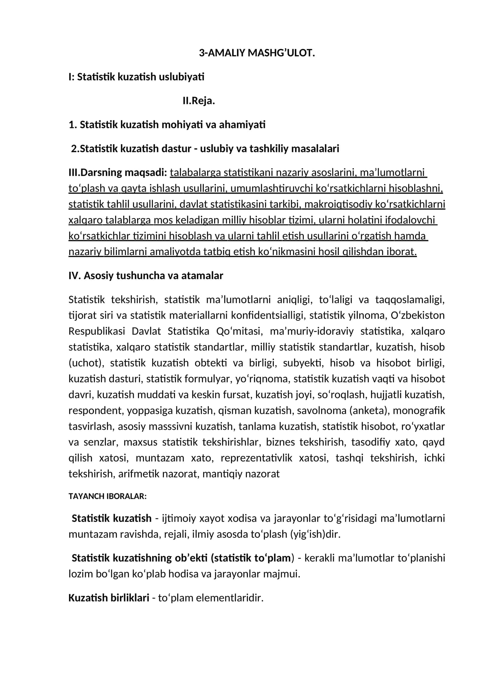 3-AMALIY MASHG’ULOT. I: Statistik kuzatish uslubiyati