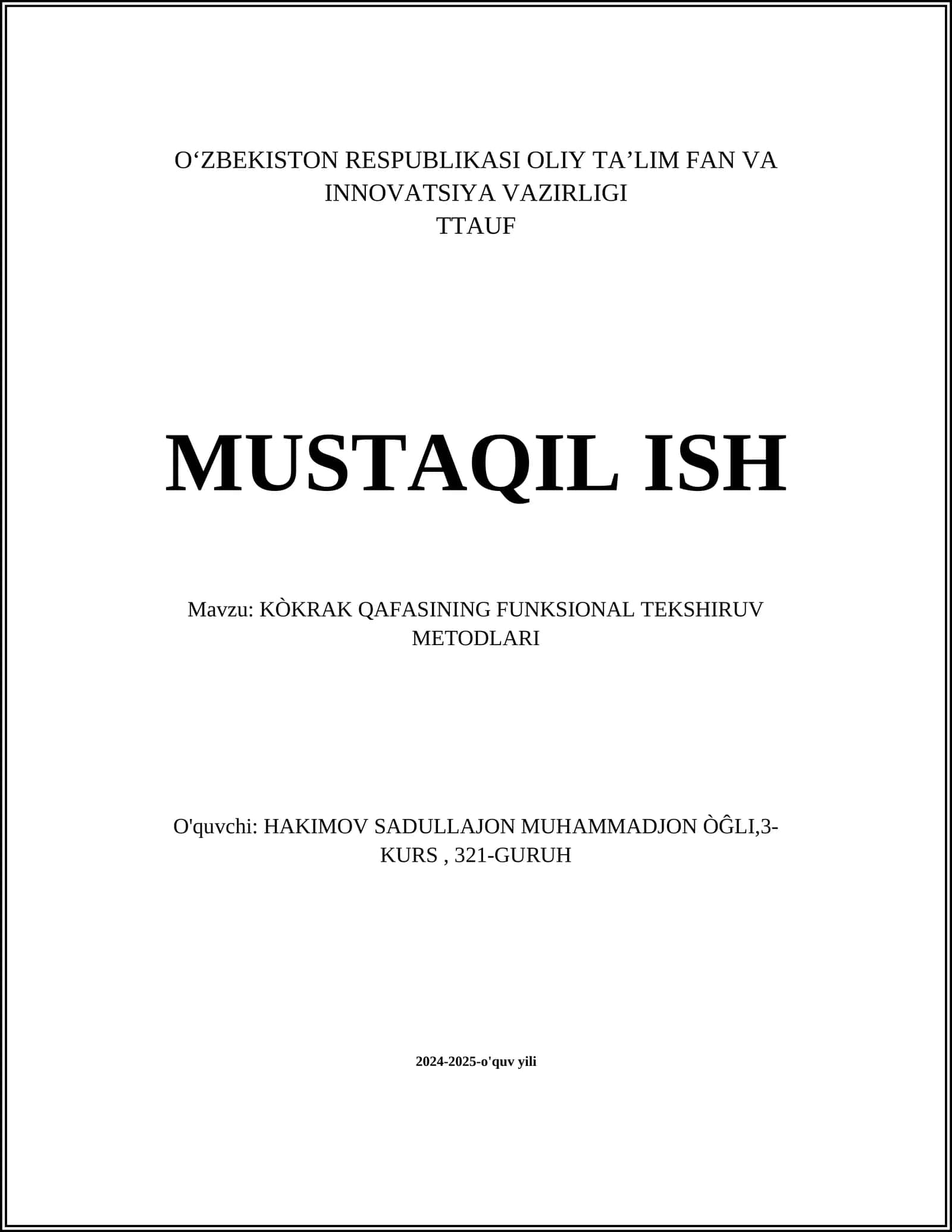 KÒKRAK QAFASINING FUNKSIONAL TEKSHIRUV METODLARI