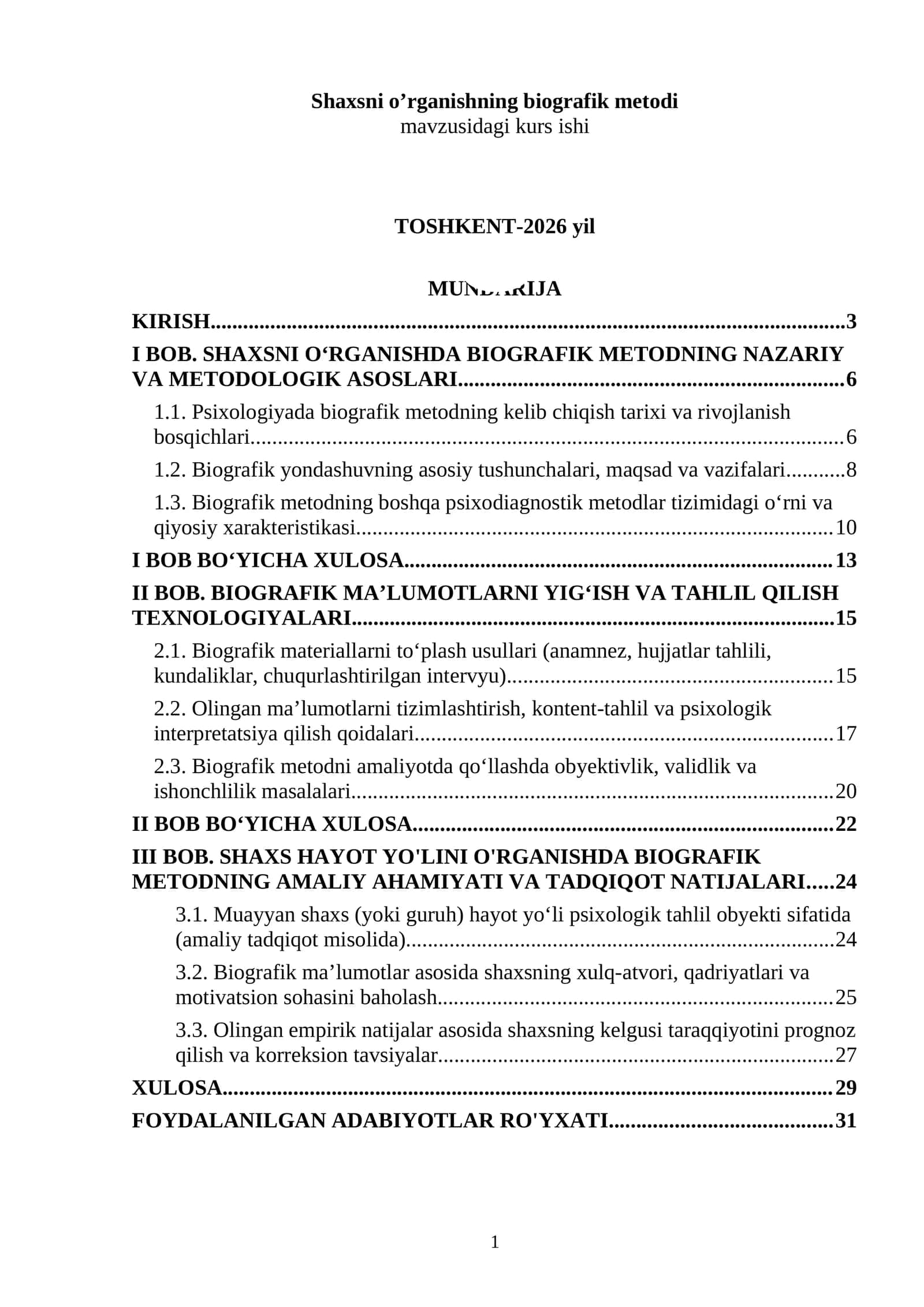 Shaxsni o’rganishning biografik metodi mavzusidagi kurs ishi