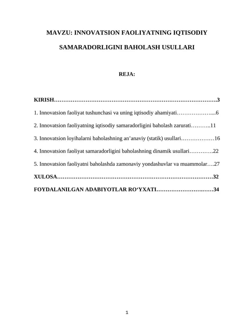 INNOVATSIYA FAOLIYATNING IQTISODIY SAMARADORIGINI BAHOLASH USULLARI