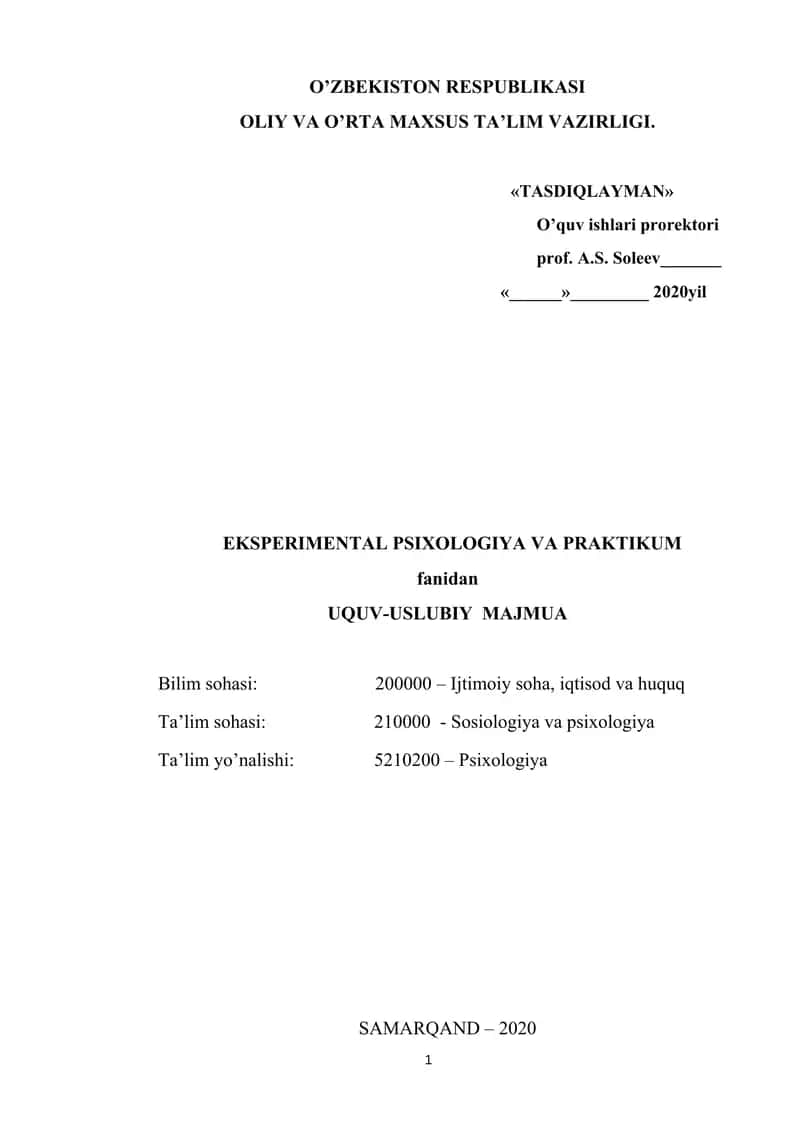 EKSPERIMENTAL PSIXOLOGIYA VA PRAKTIKUM