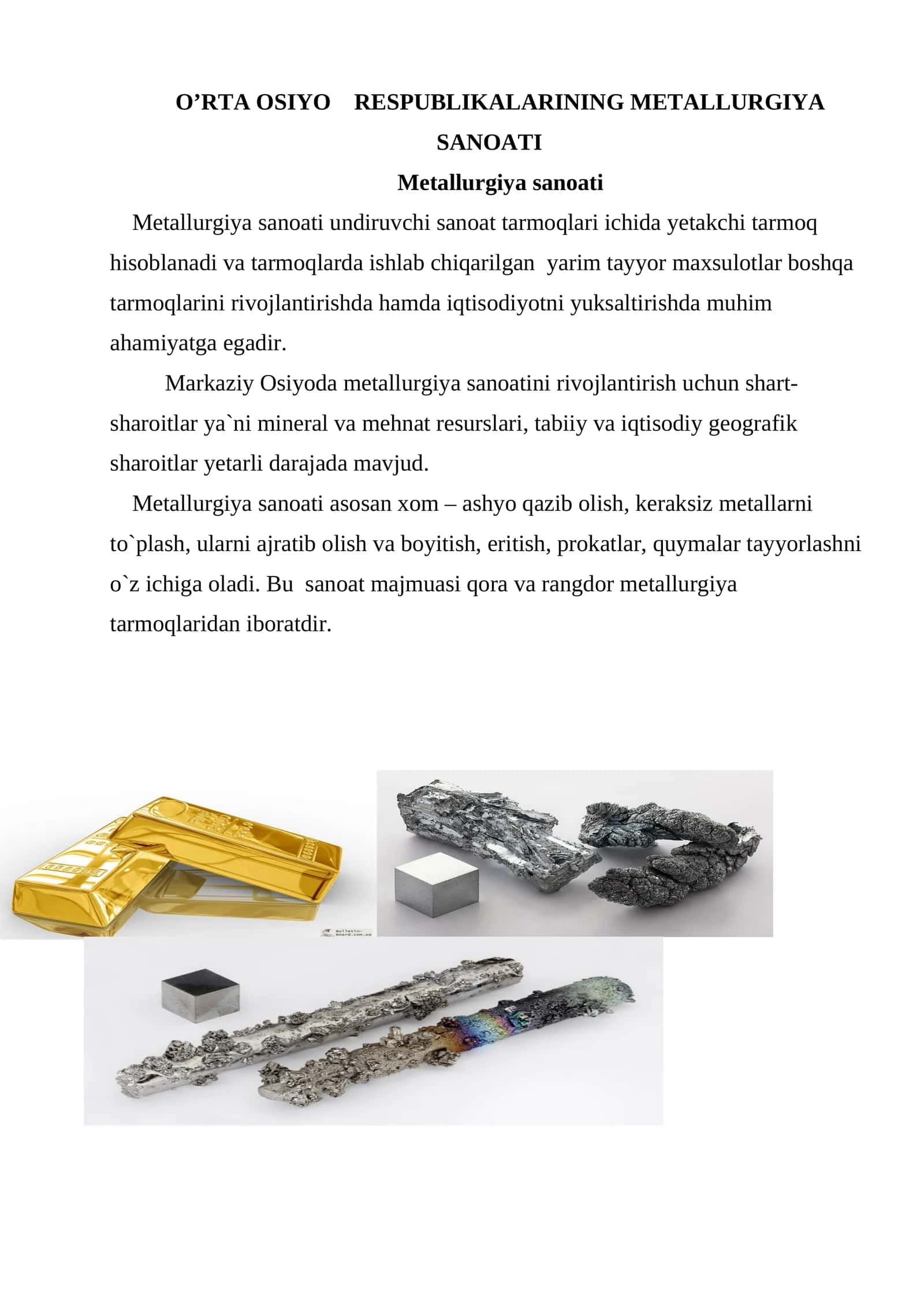 O’RTA OSIYO RESPUBLIKALARINING METALLURGIYA SANOATI