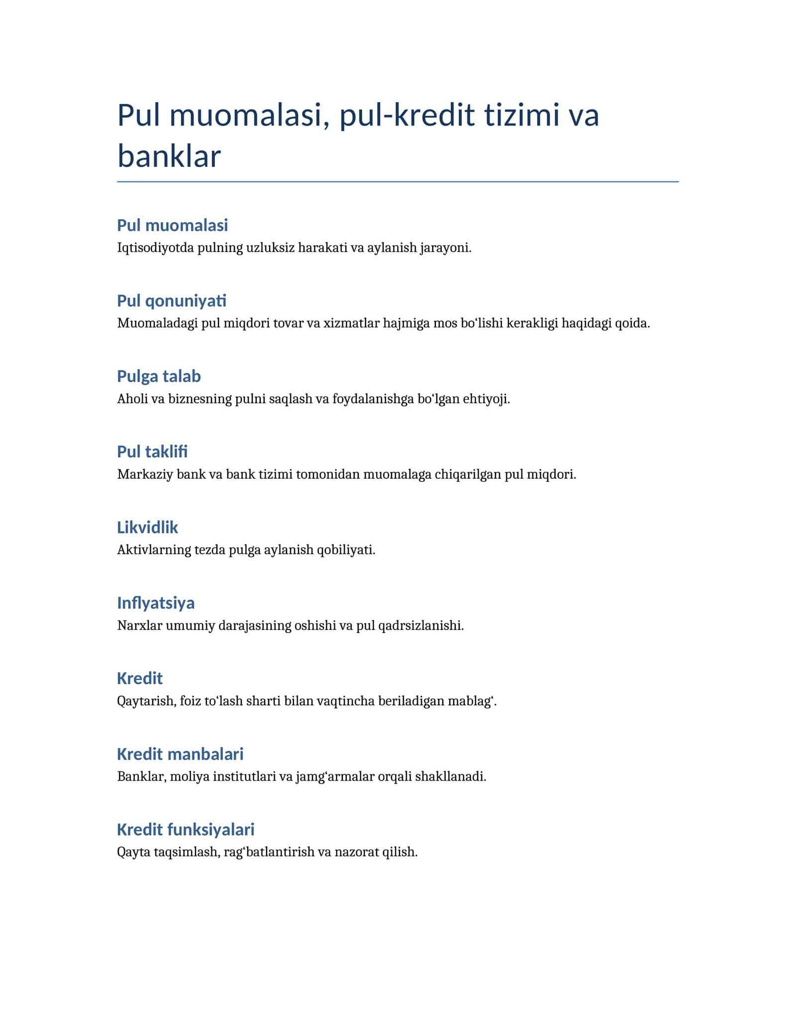Pul muomalasi, pul-kredit tizimi va banklar
