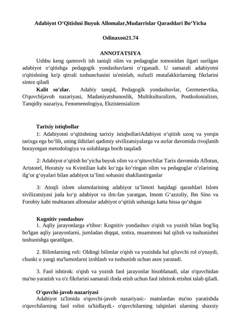 Adabiyot OʻQitishni Buyuk Allomalar,Mudarrislar Qarashlari BoʻYicha