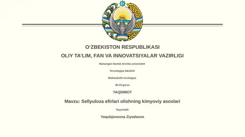 Selluloza efirlari olishning kimyoviy asoslari