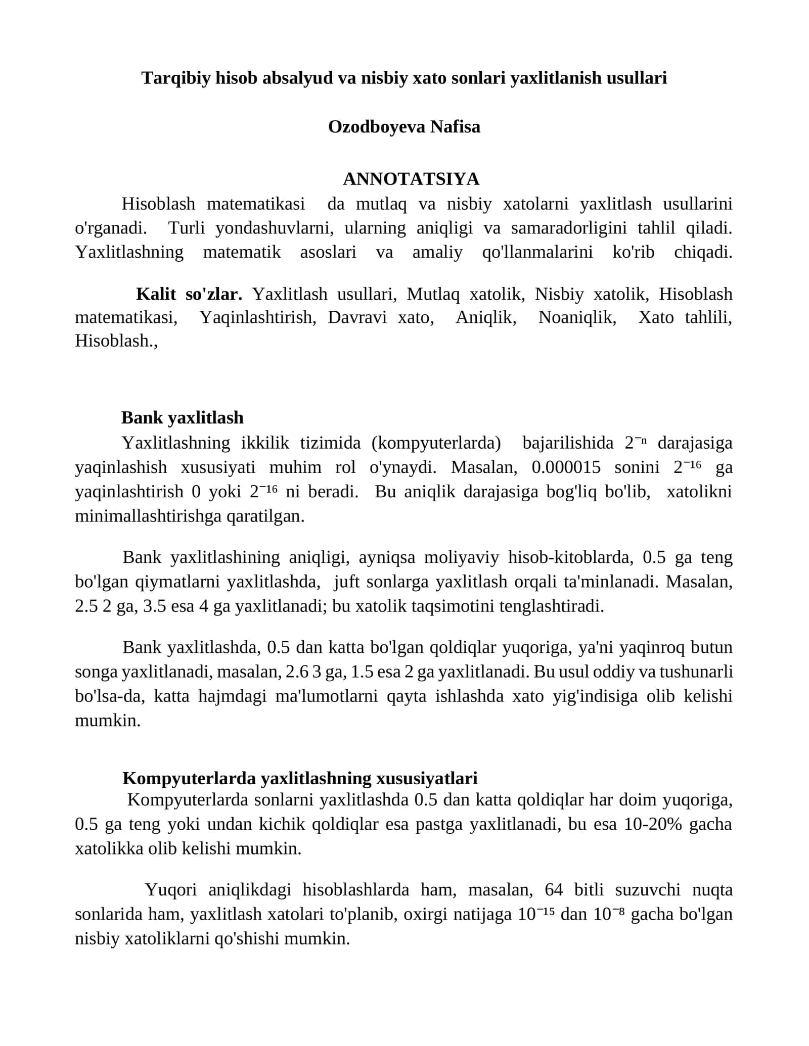Hisoblash matematikasi da mutlaq va nisbiy xatolarni yaxlitlash usullari