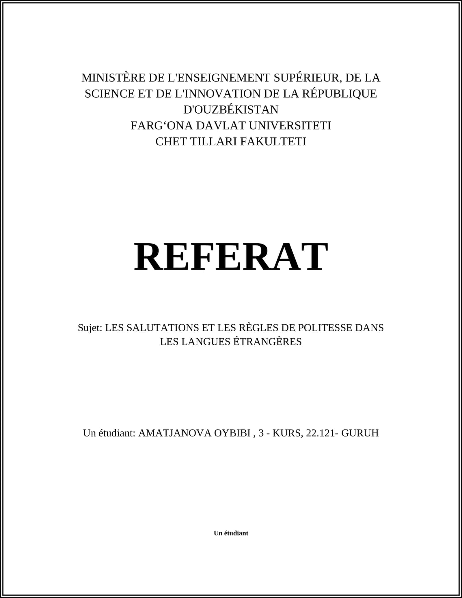 REFERAT - LES SALUTATIONS ET LES RÈGLES DE POLITESSE DANS LES LANGUES ÉTRANGÈRES